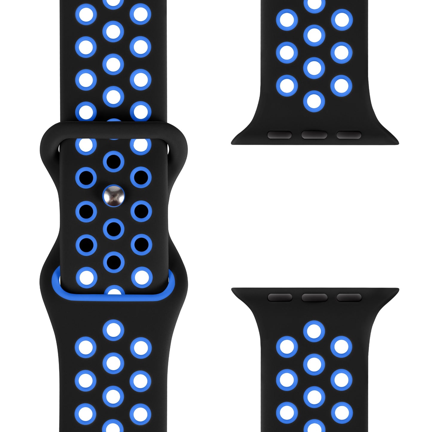 Das arktisband Apple Watch Silikonarmband „Energy“ von arktisband in Schwarz mit blauen Löchern wird aus verschiedenen Perspektiven präsentiert, um das Design und die Anschlüsse hervorzuheben.