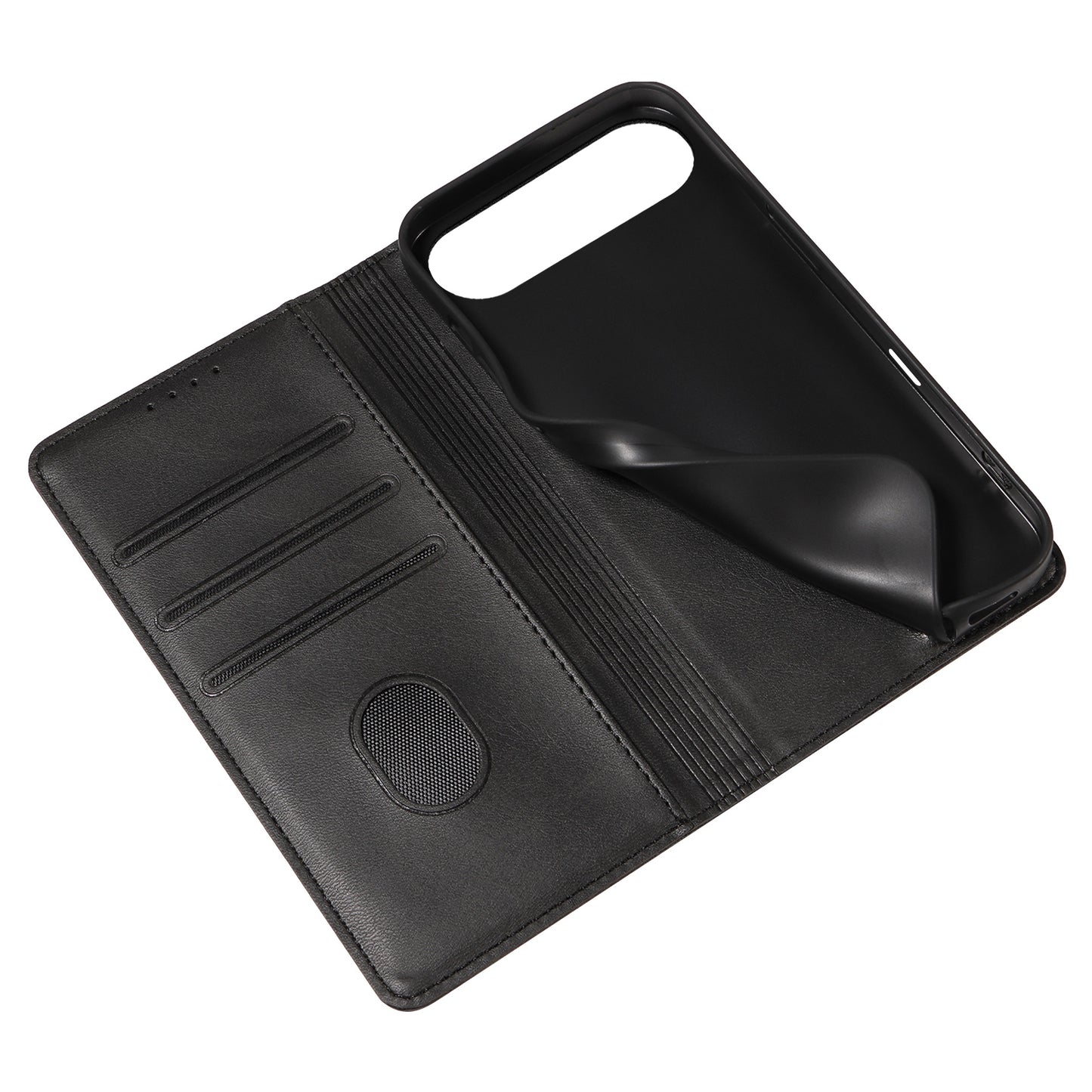 Das arktis iPhone 17 Air Book Case von arktis ist ein schwarzes Kunstleder- und TPU-Silikon-Etui mit Kartenfächern und einer flexiblen Halterung, offen auf weißem Hintergrund dargestellt.
