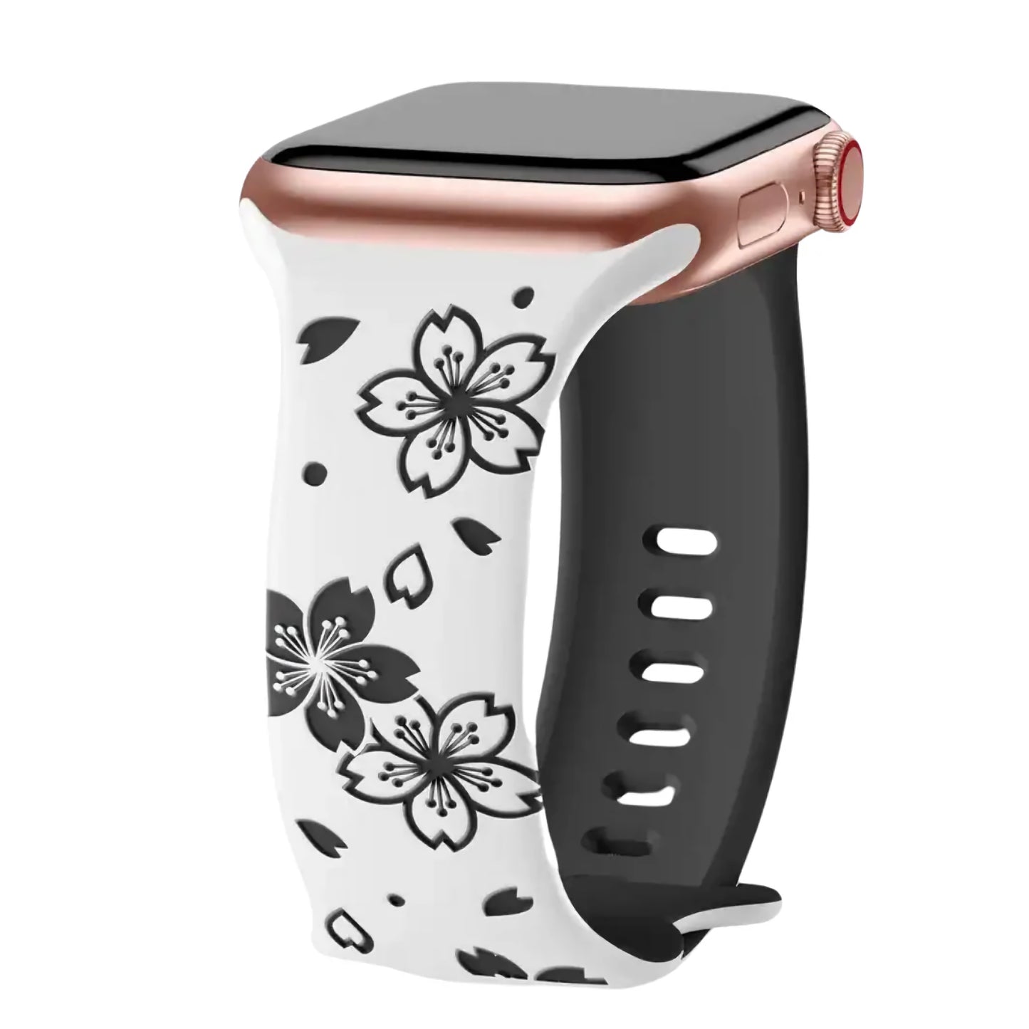 Das arktisband Apple Watch Armband „Flores“ verfügt über ein roségoldenes Gehäuse und ein weißes Silikonband mit einem schwarzen Kirschblütenmuster, mehreren Einstelllöchern und ist auf einem weißen Hintergrund abgebildet.