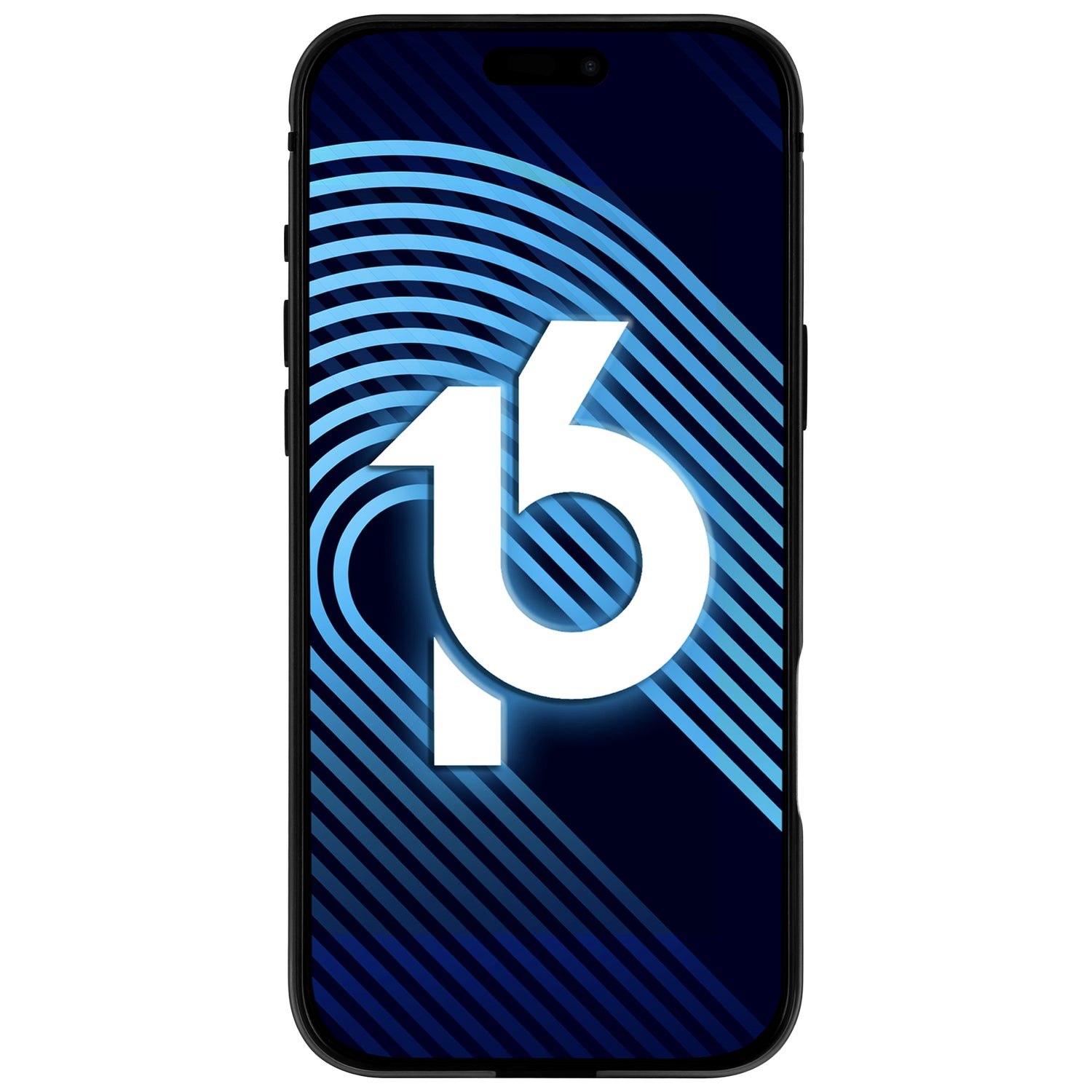 Ein Smartphone-Bildschirm zeigt eine stilisierte 16 mit blauen Kurven auf dunklem Hintergrund, die den schlanken Aluminiumrahmen des arktis iPhone 16 Pro Case Avantgarde von arktis hervorhebt.
