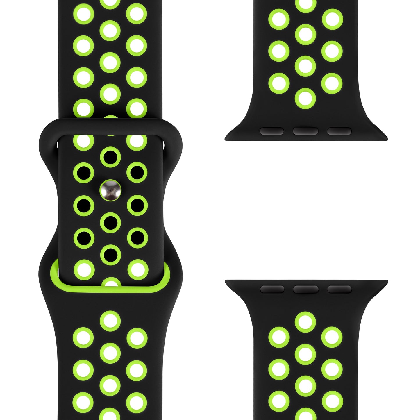 Das arktisband Apple Watch Silikonarmband „Energy“ von arktisband ist ein schwarzes Band mit Reihen kreisförmiger Löcher, die hellgrün umrandet sind. Hier sind beide Enden und eine Nahaufnahme der Schnalle abgebildet – ideales Sporttrainingszubehör.
