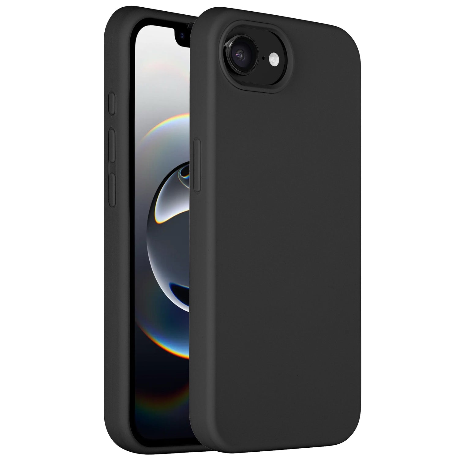 Das Arktis iPhone 16e Silikon Case von Arktis schützt das Smartphone mit schlankem, mattem Design und präzisen Aussparungen. Es unterstützt kabelloses Laden, das Display zeigt ein abstraktes Hintergrundbild.