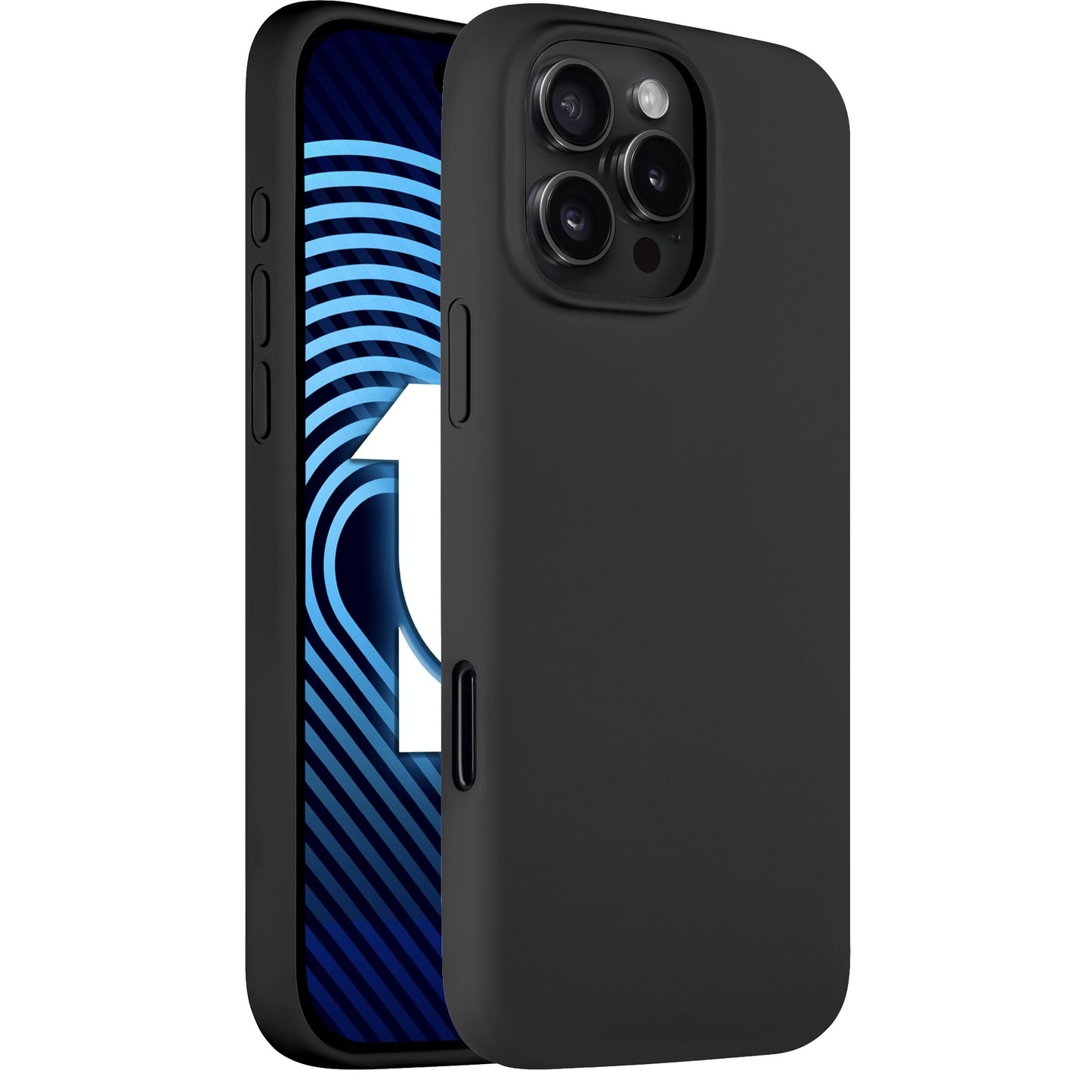 Das Arktis iPhone 16 Pro Silikon Case von Arktis in edlem Mattschwarz präsentiert sich mit Vorder- und Rückseite. Sein Display zeigt ein blau-schwarzes abstraktes Design mit einer kräftigen weißen „1“ und eignet sich somit ideal zum kabellosen Laden.