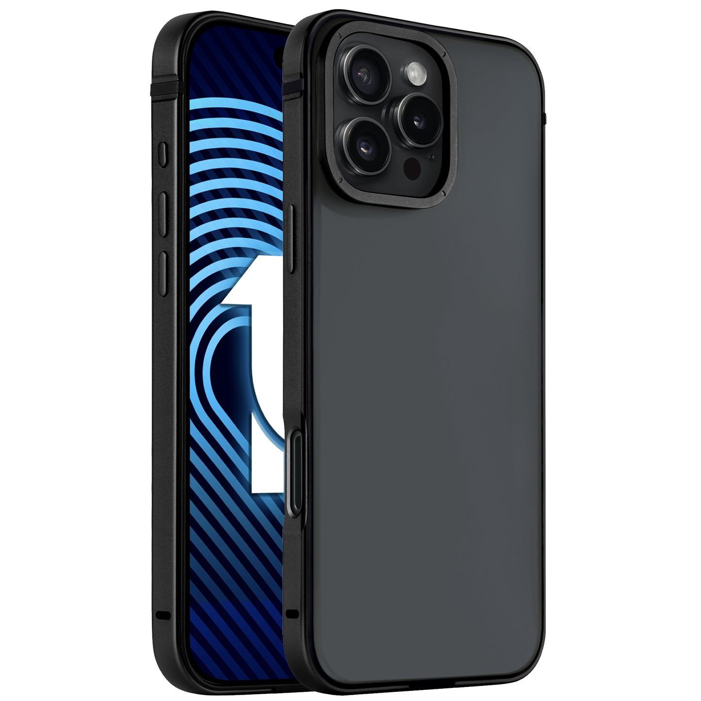 Das arktis iPhone 16 Pro Case Avantgarde von arktis ist eine mattschwarze Schutzhülle mit Aluminiumrahmen und Anti-Fingerprint-Rückplatte; hier abgebildet auf einem Smartphone mit blauem Muster und der Zahl 1.