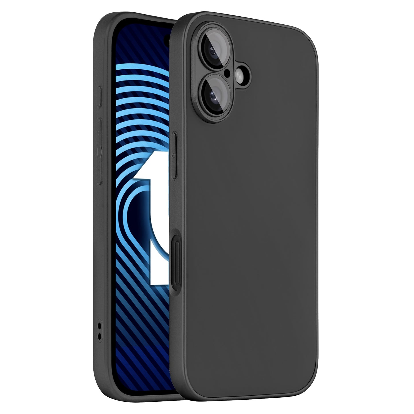 Das arktis iPhone 16 Tech Case von arktis aus stoßdämpfendem TPU-Silikon präsentiert sich in Schwarz auf einem Smartphone mit Dual-Rückkamera. Das Display zeigt blau-schwarze diagonale Streifen mit einem großen weißen Pfeil nach oben.