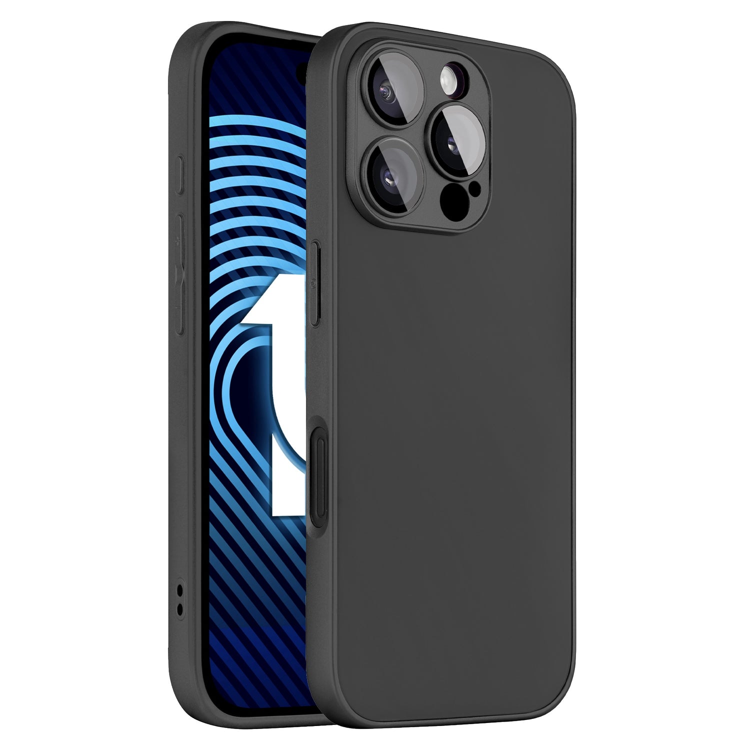 Das arktis iPhone 16 Pro Tech Case von arktis ist in Schwarz gehalten und besteht aus stoßdämpfendem TPU-Silikon. Der Bildschirm zeigt blaue und schwarze diagonale Linien mit einem weißen Pfeilmuster, und die Kameralinsen und Seitentasten sind sichtbar.