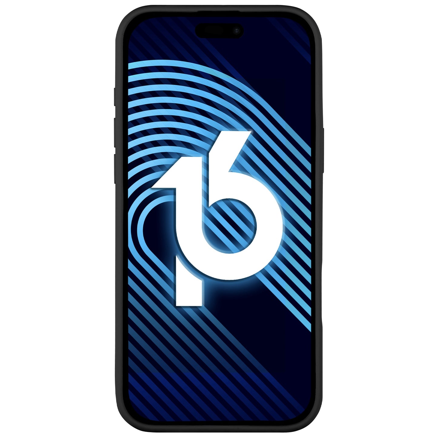 Ein Smartphone im Arktis iPhone 16 Pro Silikon Case zeigt einen dunkelblauen Bildschirm mit einer großen weißen „16“ über hellblauen Linien, was auf die kabellose Ladefunktion des neuen iPhone 16 Pro hindeutet.
