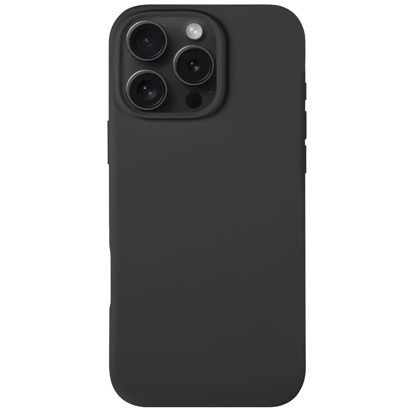 Die Arktis iPhone 16 Pro Silikonhülle von Arktis in Schwarz ist auf einem iPhone 16 Pro mit drei Rückkameras und Blitz abgebildet und verfügt über eine schlanke, glatte, matte Oberfläche und unterstützt kabelloses Laden vor weißem Hintergrund.
