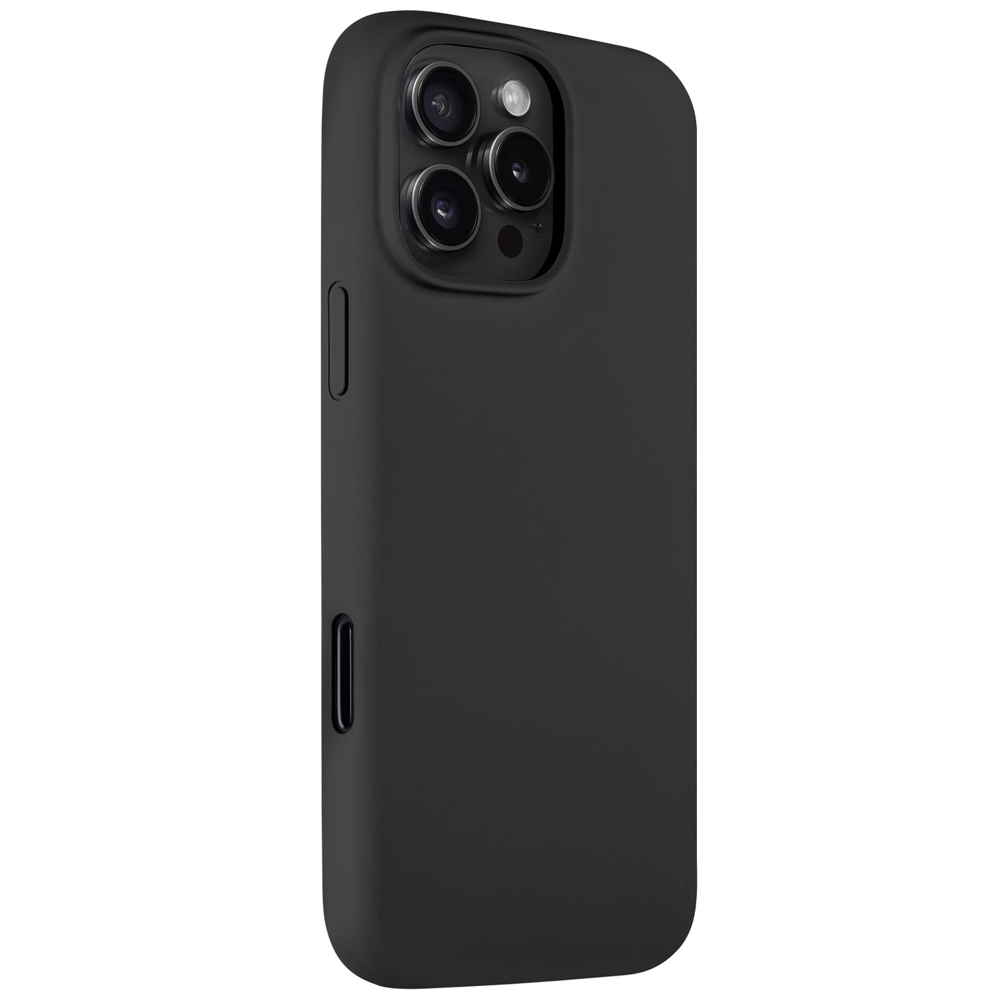 Eine Arktis iPhone 16 Pro Silikonhülle von Arktis in Schwarz ist auf einem iPhone 16 Pro abgebildet. Die Hülle verfügt über präzise Aussparungen für Dreifachkameras, Tasten und Anschlüsse und unterstützt kabelloses Laden für einfaches kabelloses Laden.