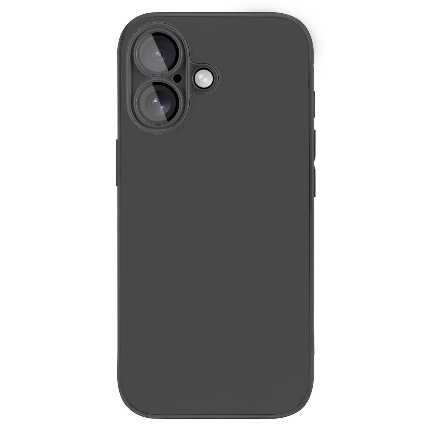 Ein schwarzes Smartphone mit einer Dual-Lens-Kamera und Blitz in der oberen linken Ecke, von hinten abgebildet, wird durch das arktis iPhone 16 Tech Case geschützt – ein mattschwarzes, stoßabsorbierendes TPU-Silikon-Case von arktis.