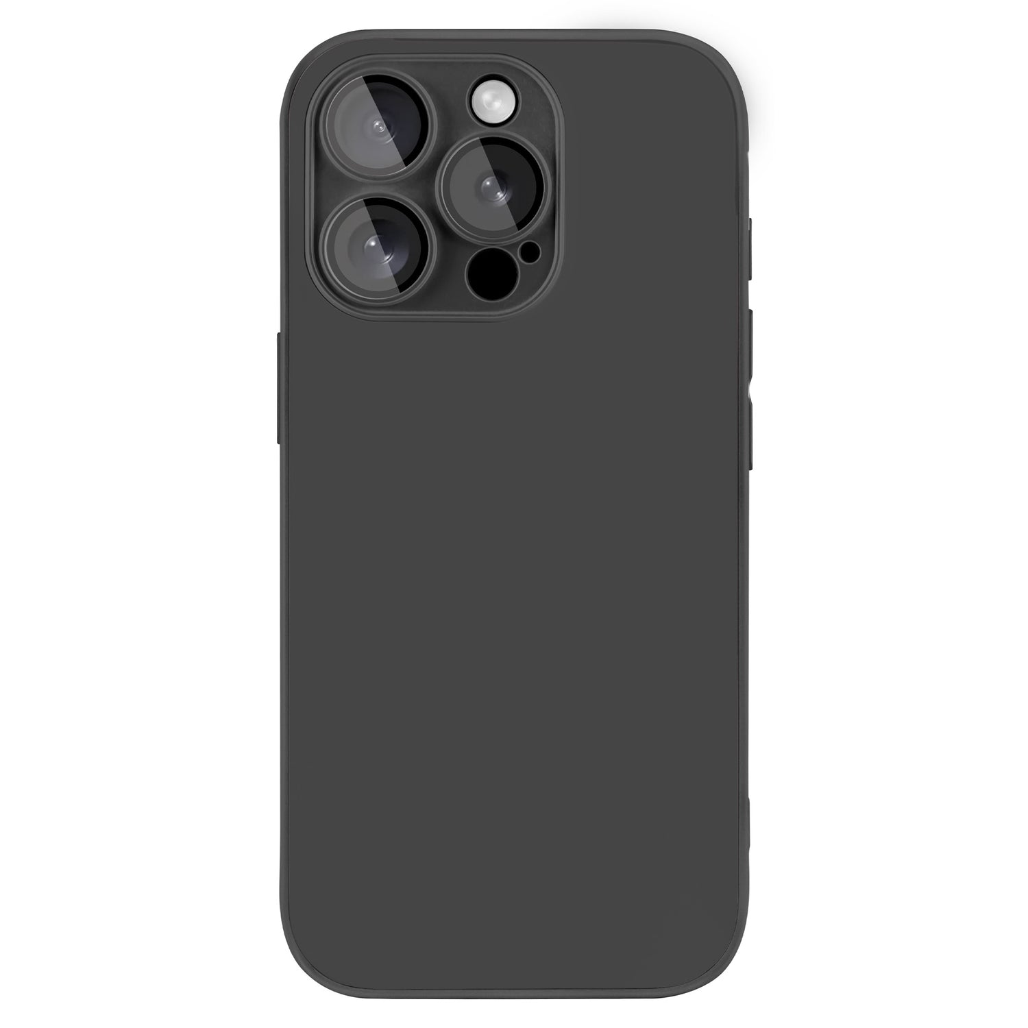 Das arktis iPhone 16 Pro Tech Case – eine schwarze, stoßabsorbierende TPU-Silikon-Hülle von arktis mit Triple-Lens-Kamera, rückseitig abgebildet vor weißem Hintergrund.