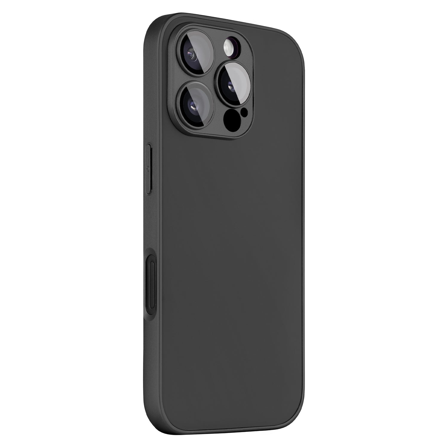 Das arktis iPhone 16 Pro Tech Case wird aufrecht mit sichtbaren Kameraaussparungen gezeigt. Dieses schwarze Case von arktis aus stoßdämpfendem TPU-Silikon verfügt über eine matte Oberfläche und präzise seitliche Öffnungen für Tasten und Anschlüsse.