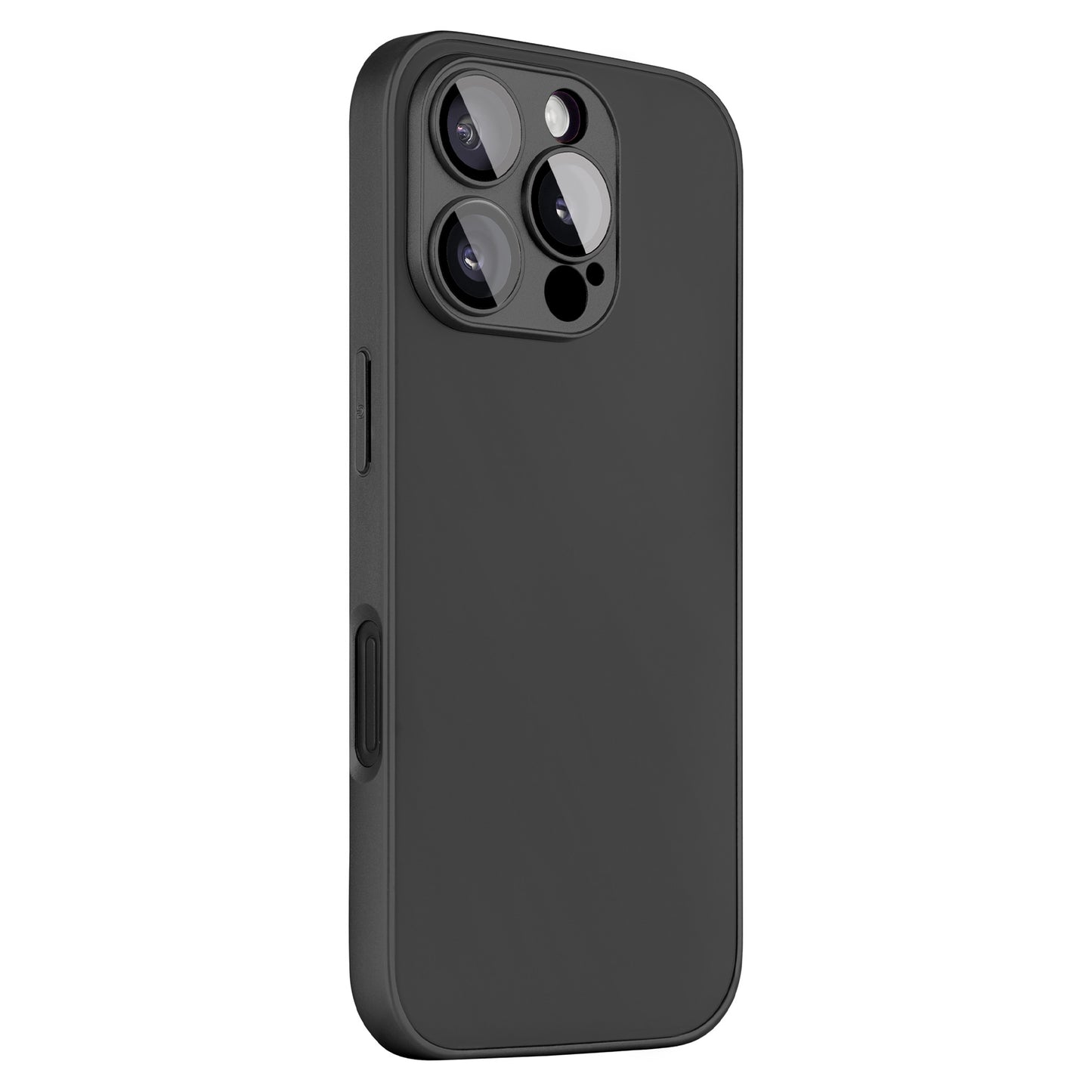 Das arktis iPhone 16 Pro Max Tech Case, eine schwarze TPU-Silikonhülle von arktis, schützt ein iPhone mit drei Rückkameras und Blitz. Das Telefon ist so abgewinkelt, dass die linke Seite und ein Teil der Rückseite sichtbar sind.