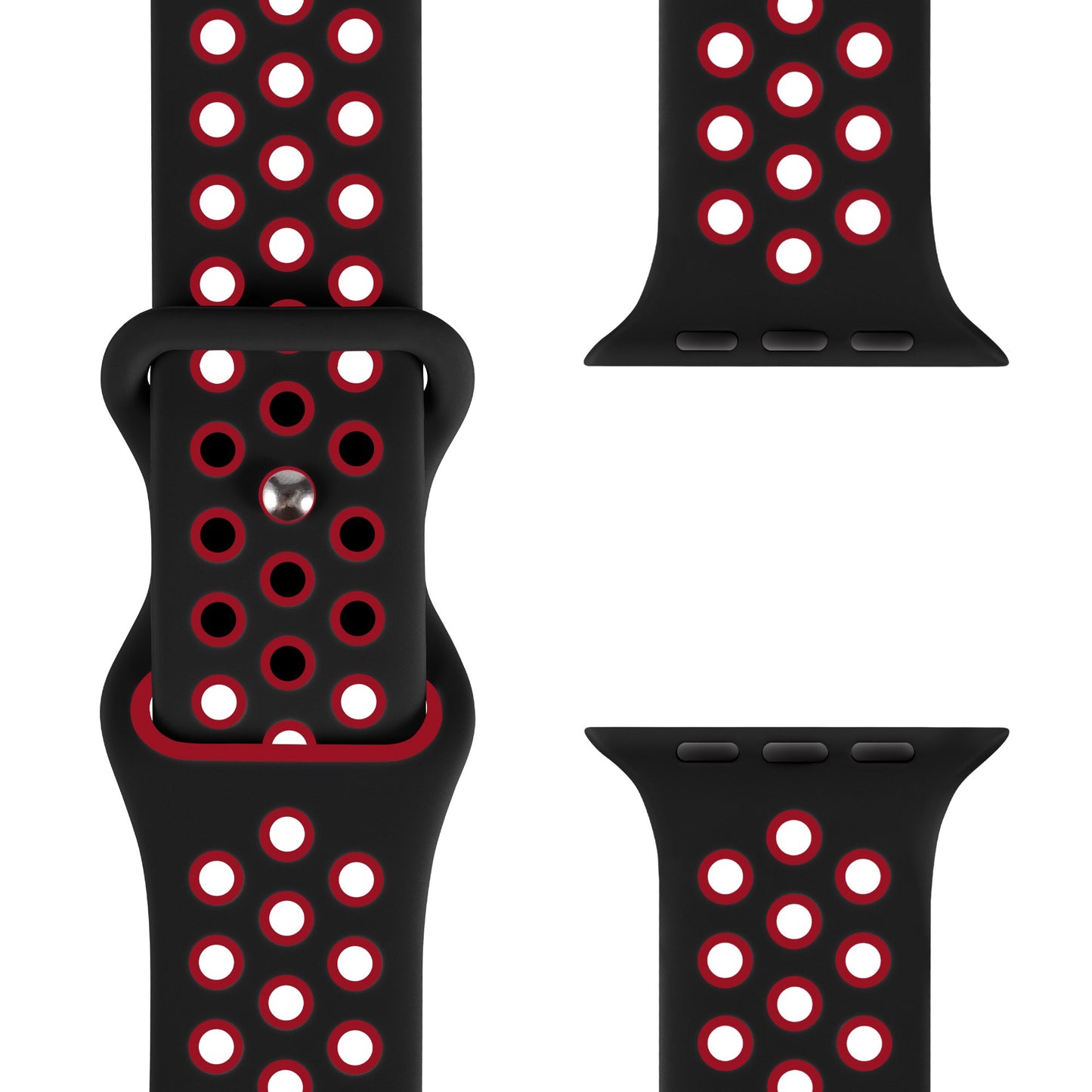 Das arktisband Apple Watch Silikonarmband "Energy" besticht durch mehrere Reihen runder Löcher, die eine rote Einfassung freigeben, die in Nahaufnahme und Schrägansicht zu sehen ist. Dieses sportliche schwarze Armband von arktisband eignet sich ideal als Sport-Trainingsausrüstung.