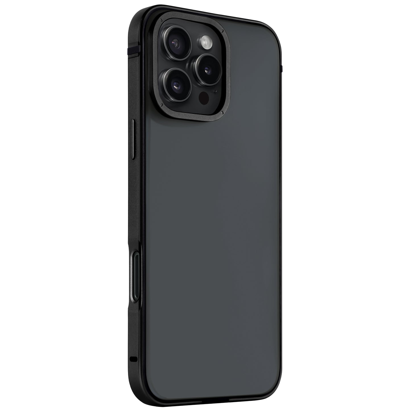 Das arktis iPhone 16 Pro Case Avantgarde von arktis ist ein elegantes, minimalistisches schwarzes Case mit einer Anti-Fingerabdruck-Rückplatte, das für ein iPhone 16 Pro mit drei Rückkameras und einem Aluminiumrahmen entwickelt wurde.