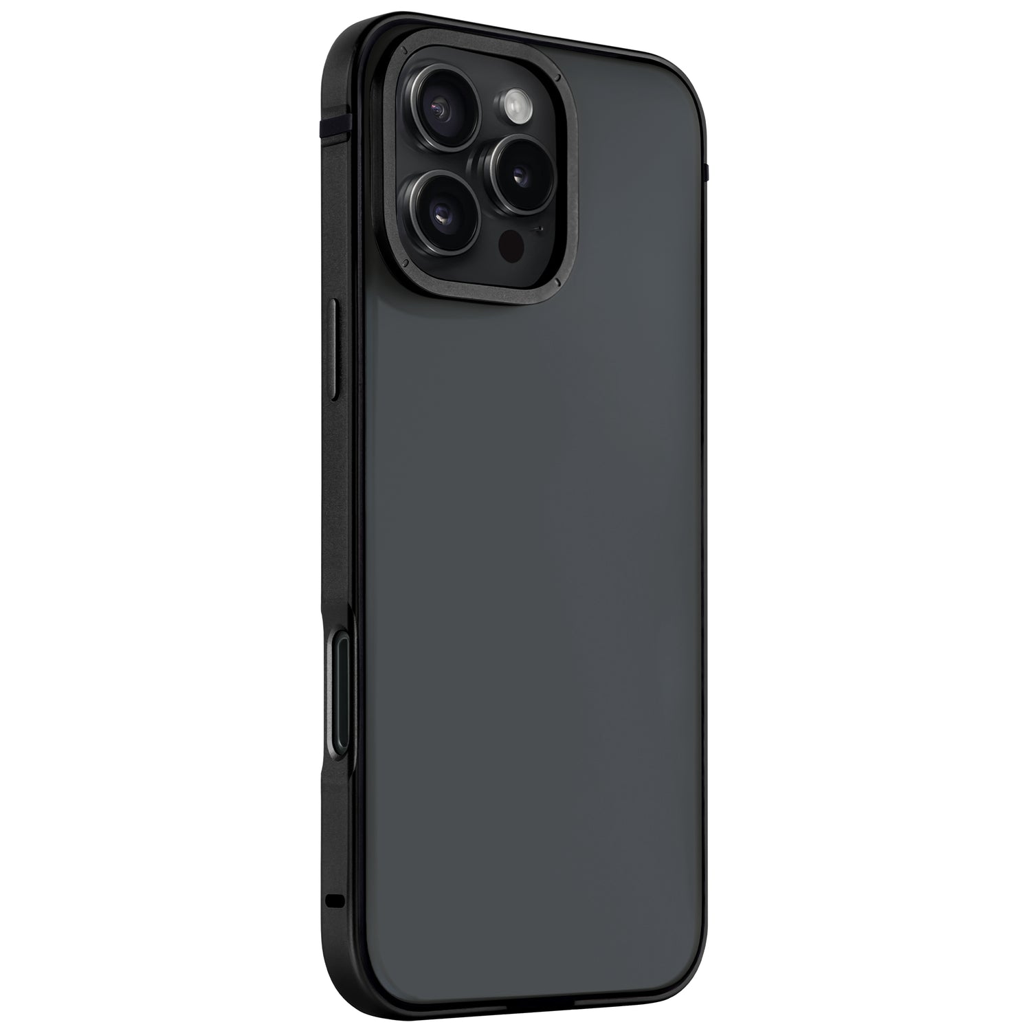 Das arktis iPhone 16 Pro Case Avantgarde von arktis ist ein elegantes, minimalistisches schwarzes Case mit einer Anti-Fingerabdruck-Rückplatte, das für ein iPhone 16 Pro mit drei Rückkameras und einem Aluminiumrahmen entwickelt wurde.