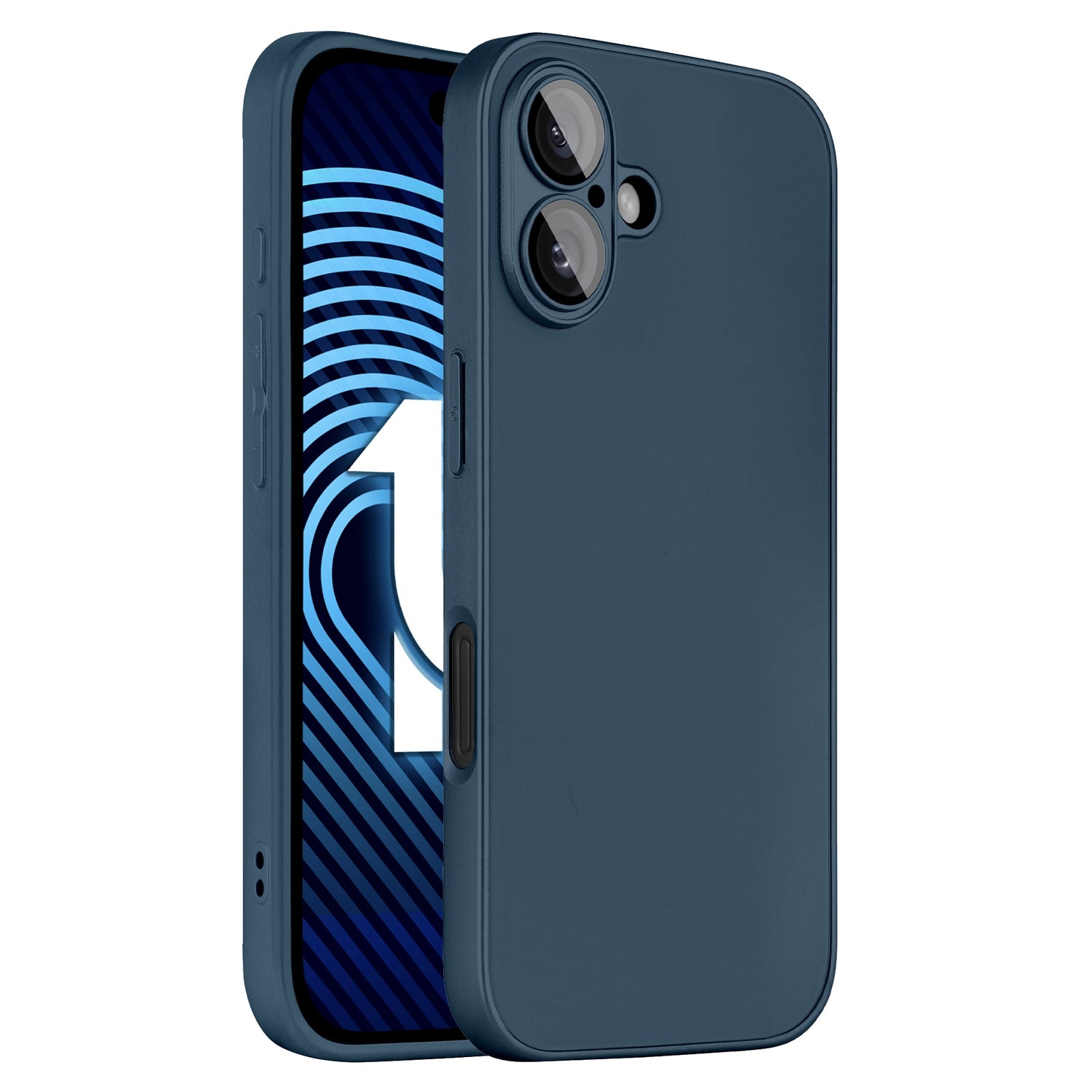 Das arktis iPhone 16 Tech Case in Blau zeigt die Rückseite und die Seite des Smartphones und verfügt über Kameraschutz sowie präzise Aussparungen für Kamera, Tasten und Ladeanschluss. Das Display zeigt ein blau-schwarzes Design mit der weißen Ziffer 1.