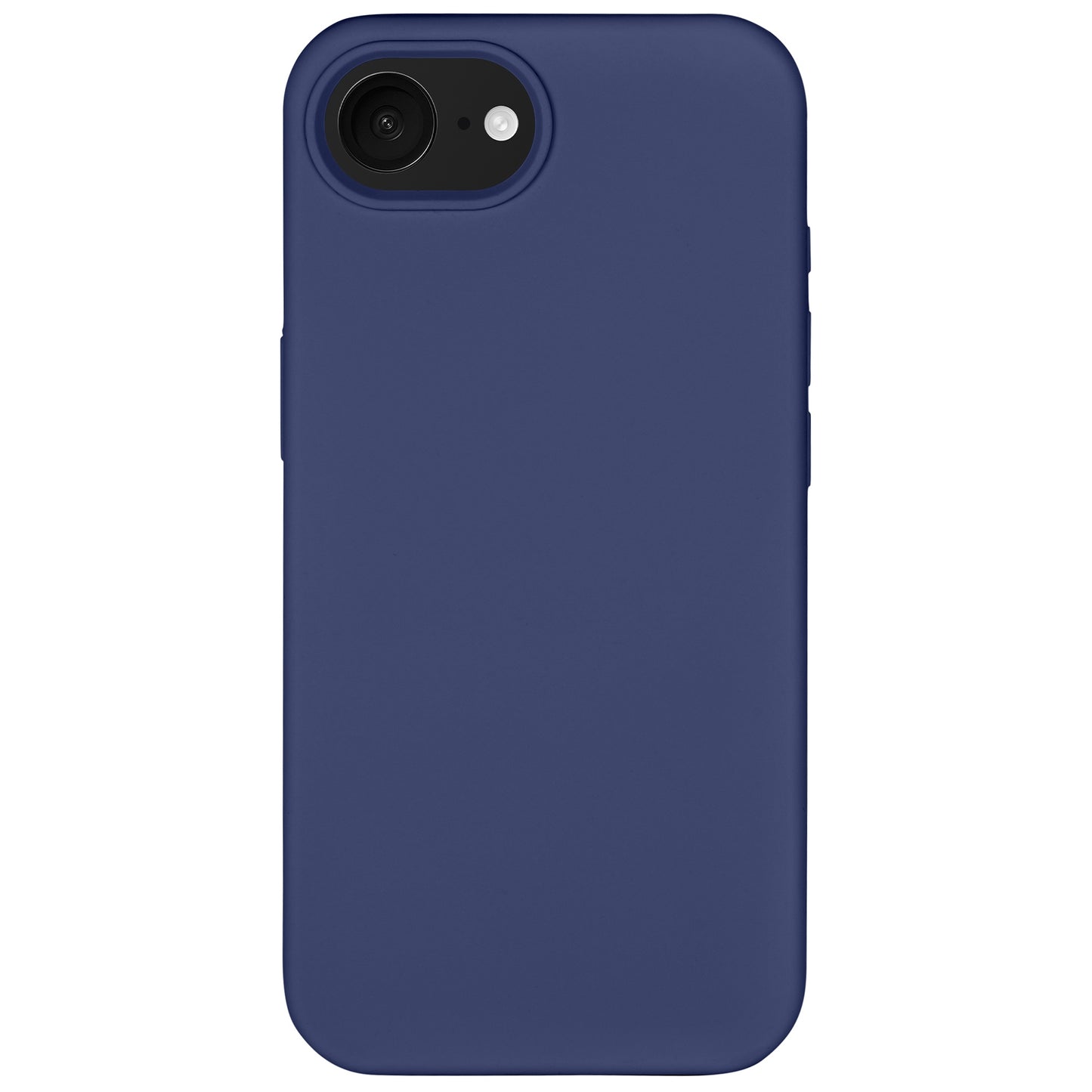Das Arktis iPhone 16e Silikon Case in Marineblau hat ein glattes, schlankes Design mit abgerundeten Ecken, Öffnungen für Kamera, Blitz und Mikrofon oben links und unterstützt kabelloses Laden.