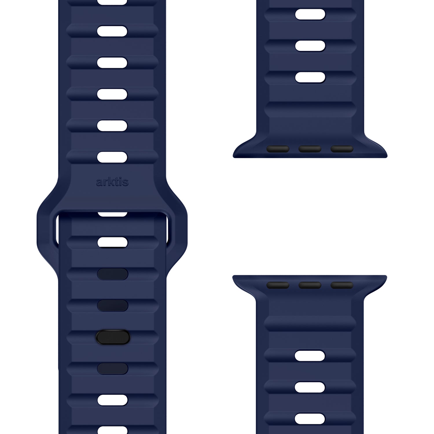 Ein dunkelblaues arktisband Apple Watch Silikonarmband "Active" mit horizontalen Rillen, dargestellt aus drei Perspektiven: Vorderansicht mit Schließe und zwei Nahaufnahmen der Uhrenenden. Das aufgedruckte arktisband-Logo sorgt für einen sportlichen Look.
