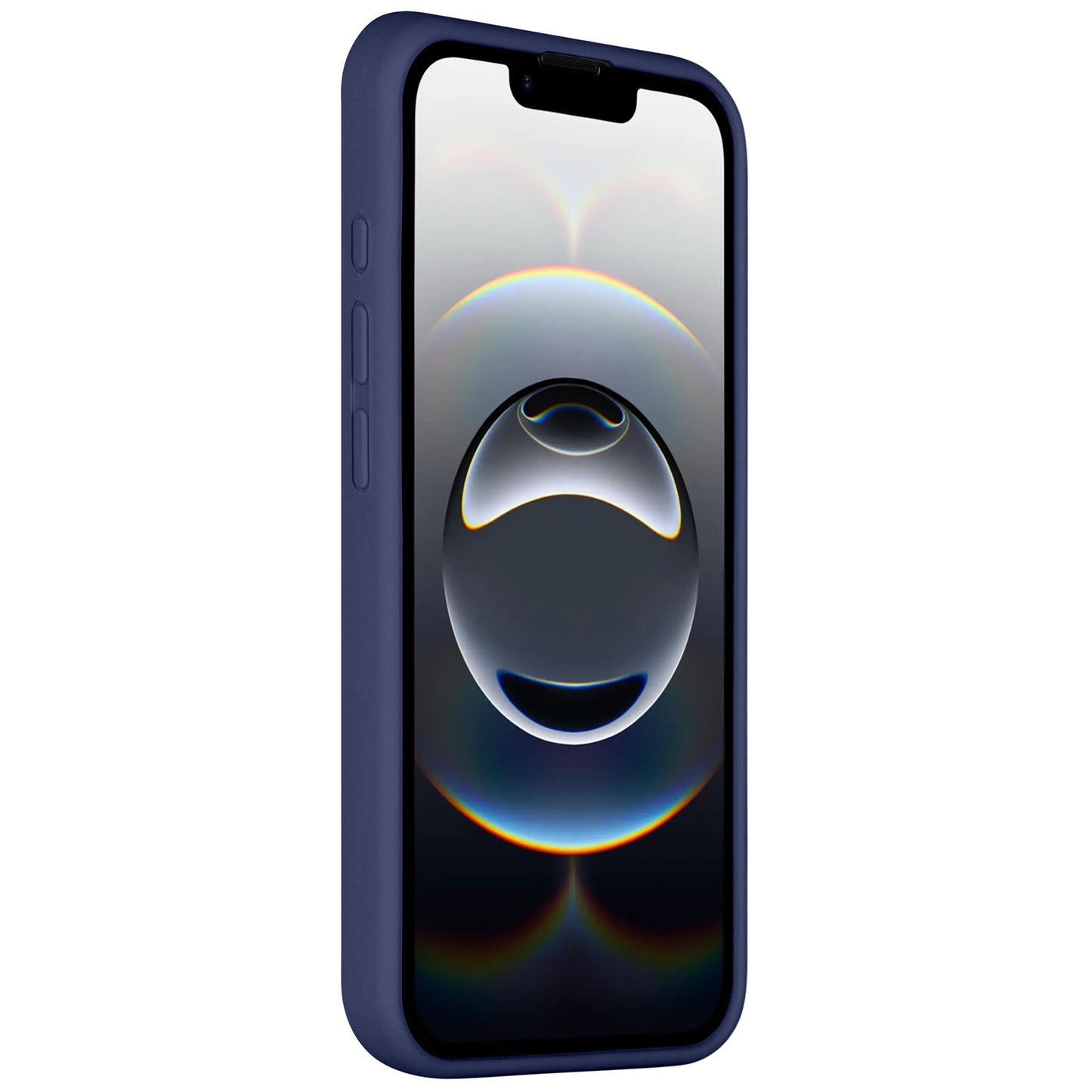 Das Arktis iPhone 16e Silikon Case von Arktis ist in Dunkelblau gehalten und steht schräg. Das elegante Design verfügt über drei seitliche Tasten, unterstützt kabelloses Laden und zeigt auf dem Display eine farbenfrohe, kreisförmige, abstrakte Grafik.