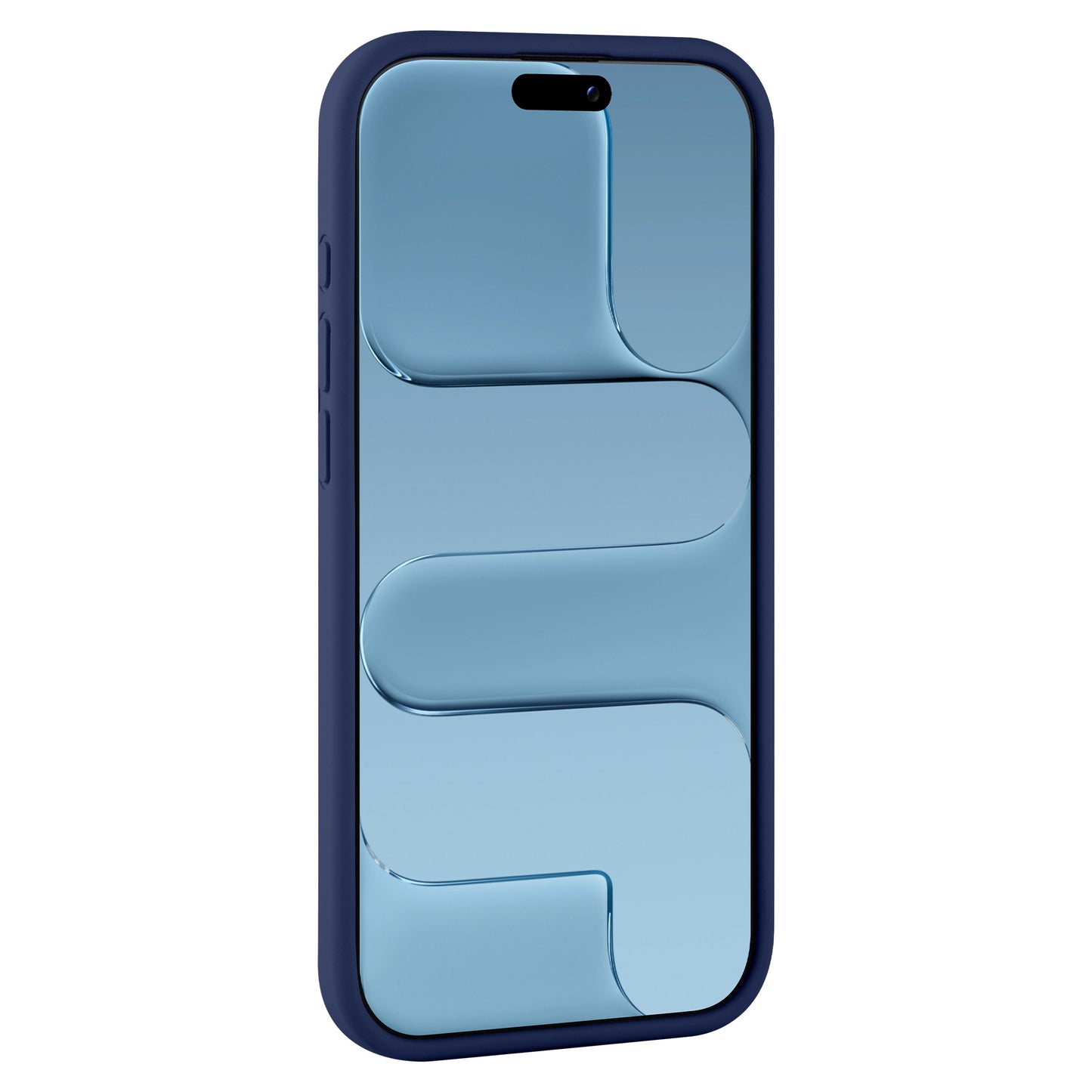 Das arktis iPhone Air Silikon Case in Blau, das in einem Winkel mit einem reflektierenden blauen abstrakten Bildschirmdesign gezeigt wird, kombiniert stilvollen Schutz mit Unterstützung für kabelloses Laden-ideal für diejenigen, die sowohl Stil als auch Komfort wollen.