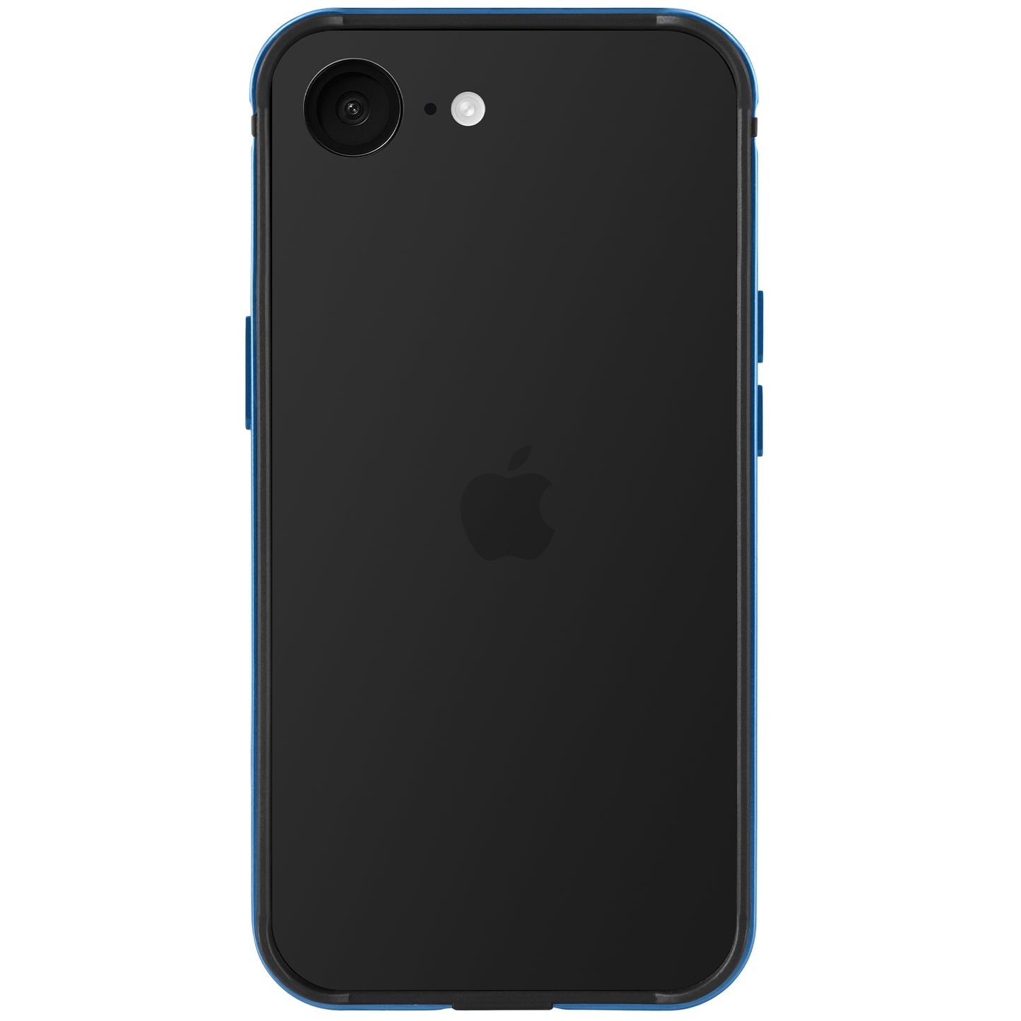 Der arktis iPhone 16e Bumper ist ein blaues, stoßabsorbierendes TPU-Silikon-Case von arktis für das schwarze iPhone 16e. Es verfügt über eine einzelne Rückkamera mit Blitz, ein zentriertes Apple-Logo und unterstützt kabelloses Laden (Qi-Standard).