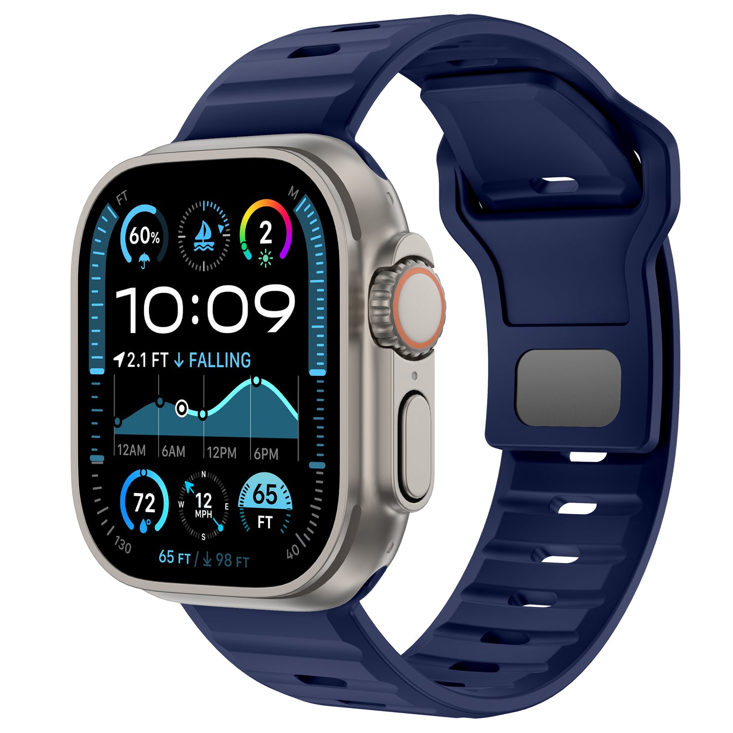 Das arktisband Apple Watch Silikonarmband „Active“ in Blau verleiht Ihrer Apple Watch mit seinem rechteckigen Display, dem silbernen Gehäuse, der Krone und dem Knopf einen sportlichen Look und zeigt Uhrzeit, Wetter, Fitnessstatistiken und Aktivitätsringe an.