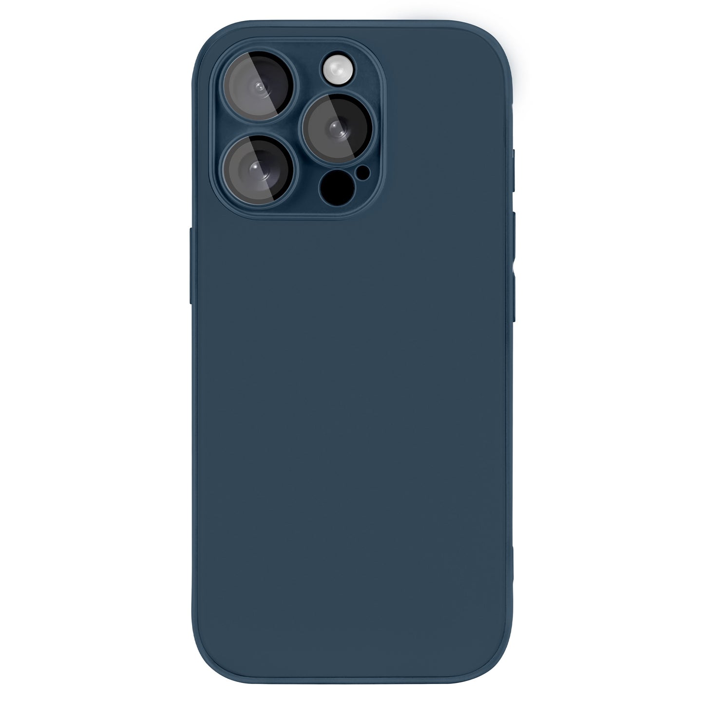 Die Rückseite zeigt ein blaues Smartphone mit matter Oberfläche, geschützt durch das arktis iPhone 16 Pro Tech Case aus stoßabsorbierendem TPU-Silikon, ausgestattet mit drei Kameralinsen, Blitz und einem kleinen Sensor in der oberen linken Ecke.