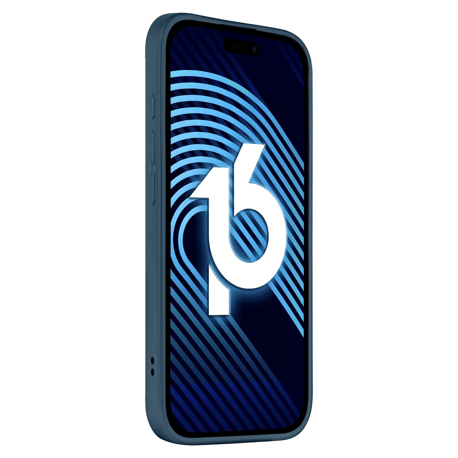 Das in Blau abgebildete arktis iPhone 16 Pro Tech Case von arktis schützt das Smartphone mit seinem stoßdämpfenden TPU-Silikon. Auf dem Display sind eine stilisierte 16 und kreisförmige Elemente über blauen diagonalen Linien dargestellt.
