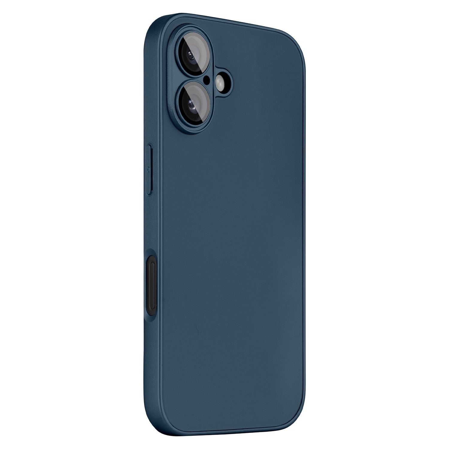 Das arktis iPhone 16 Plus Tech Case in Dunkelblau verfügt über präzise Aussparungen für Doppelkameras und Tasten, Kameraschutz und Anti-Glare-Glas auf weißem Hintergrund.