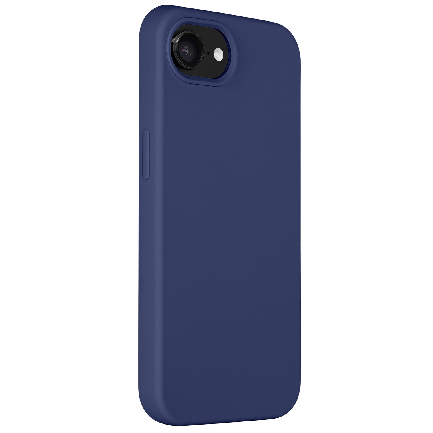Ein iPhone 16e in einer Arktis iPhone 16e Silikonhülle von Arktis wird aus einem Winkel gezeigt, wodurch die solide dunkelblaue Oberfläche und ein sichtbares Kameraobjektiv auf der Rückseite sichtbar sind.