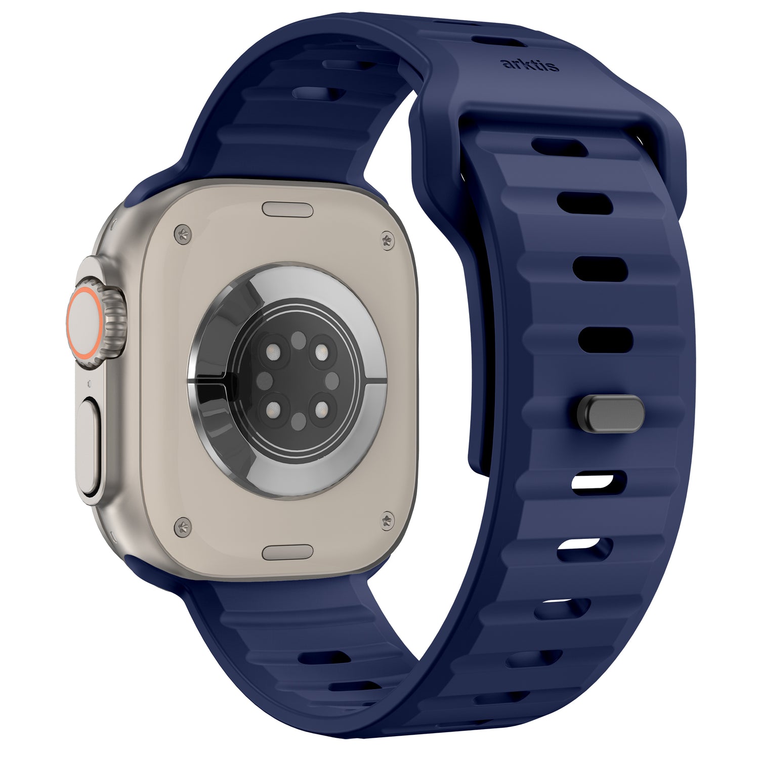 Eine Nahaufnahme der Rückseite einer Apple Watch mit dem arktisband Apple Watch Silikonarmband „Active“ von arktisband in Blau, mit strukturiertem Silikondesign, Metallgehäuse, sportlichem Look und sichtbarem Sensor-Array darunter.