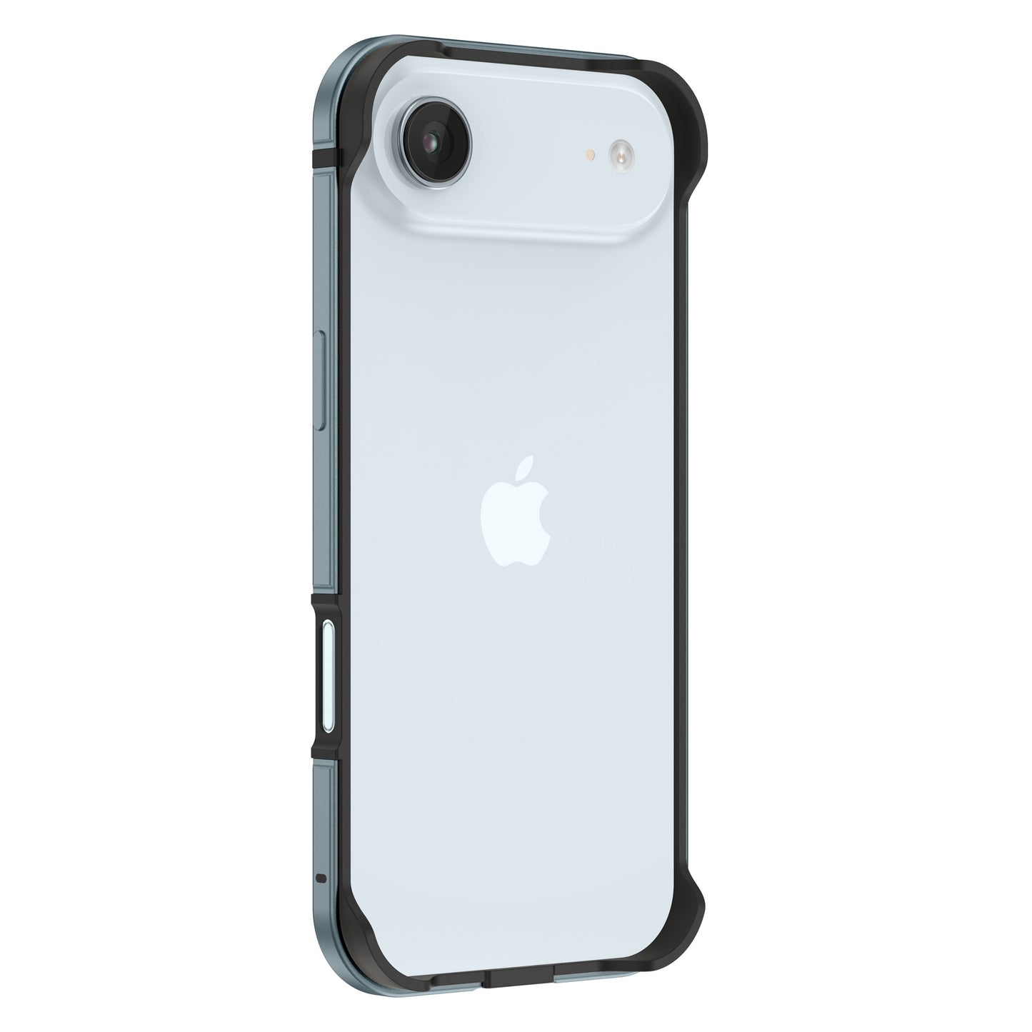 Ein weißes iPhone im arktis iPhone Air Bumper von arktis - eine robuste schwarze Aluminium-TPU-Hülle, die das Apple-Logo und die Kamera zeigt und für zusätzlichen Komfort mit drahtlosem Laden kompatibel ist.