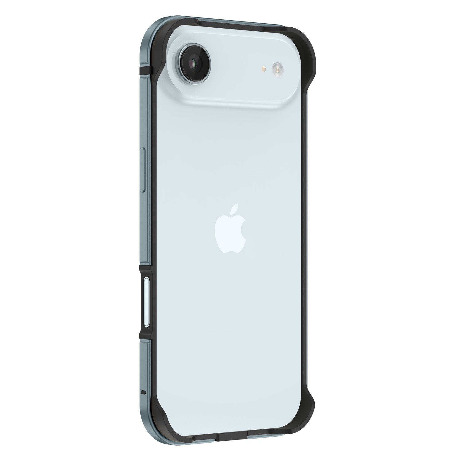 Ein weißes iPhone im arktis iPhone Air Bumper von arktis - eine robuste schwarze Aluminium-TPU-Hülle, die das Apple-Logo und die Kamera zeigt und für zusätzlichen Komfort mit drahtlosem Laden kompatibel ist.