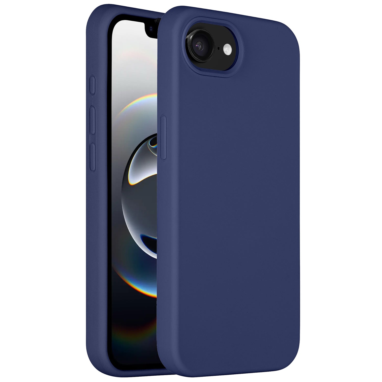 Die Arktis iPhone 16e Silikonhülle in Dunkelblau ist auf dem iPhone 16e abgebildet und zeigt ein dunkles abstraktes Hintergrundbild. Die schlanke Hülle bedeckt die Rückseite und die Seiten und lässt Öffnungen für Kamera, Anschlüsse und Tasten frei.