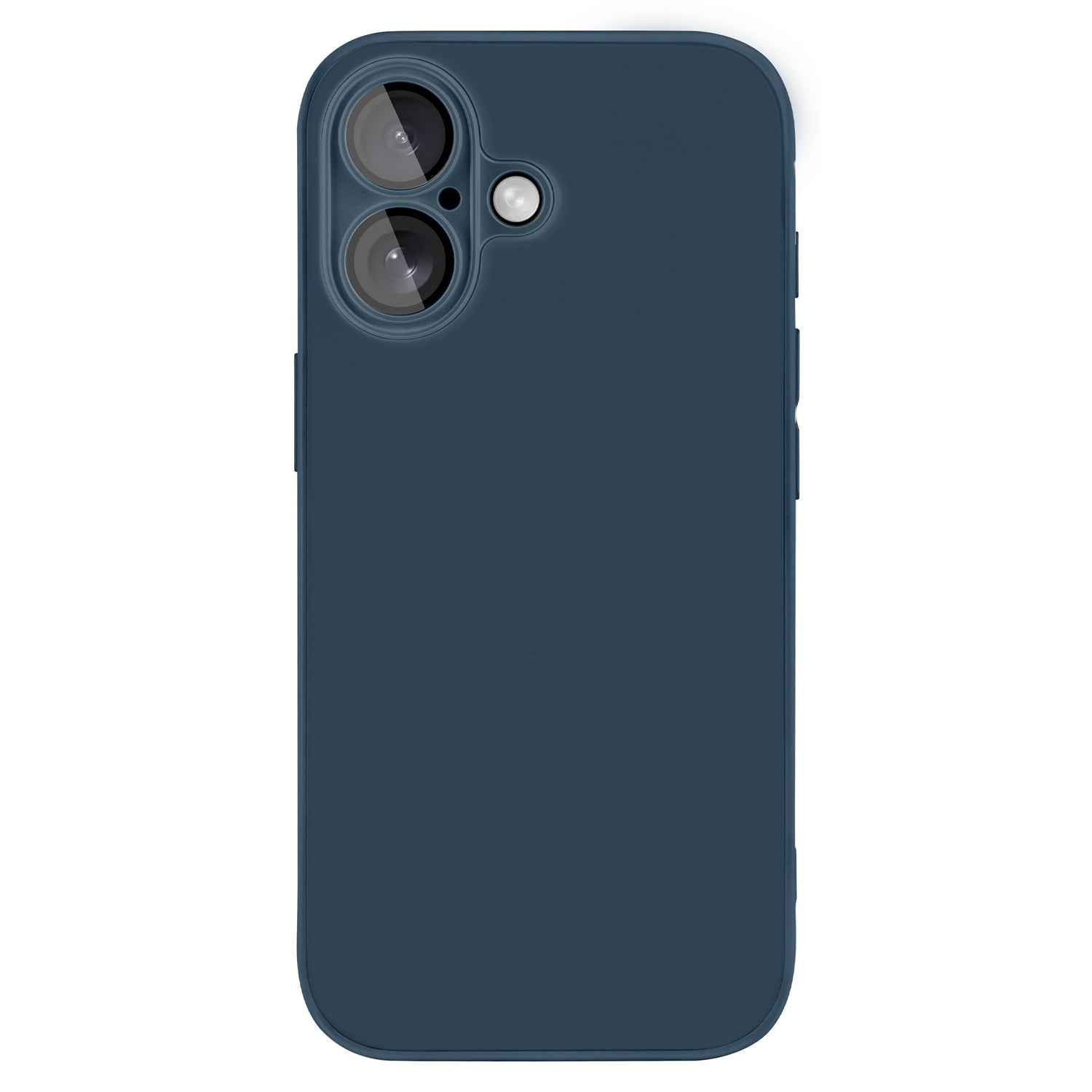 Das arktis iPhone 16 Tech Case ist eine dunkelblaue, stoßdämpfende TPU-Silikonhülle für iPhones mit Doppelkameraobjektiven und Blitz in der oberen linken Ecke auf der Rückseite.