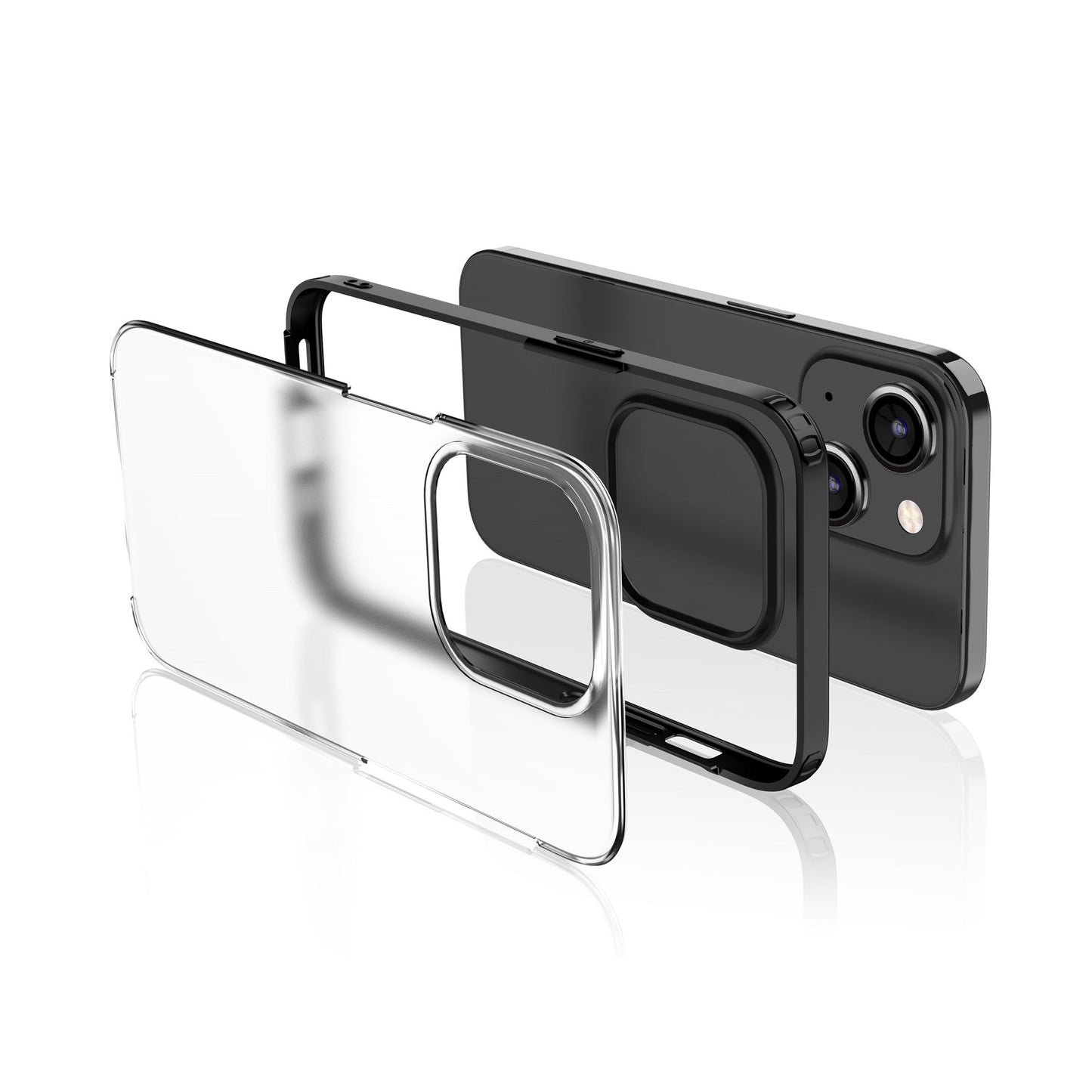 Ein schwarzes Smartphone mit Dual-Kamera wird neben dem ArktisPRO iPhone 15 Plus SECTOR Case, einer stoßdämpfenden TPU-Hülle von ArktisPRO, und einer durchsichtigen Schutzhülle in einer Explosionsansicht auf weißem Hintergrund angezeigt.