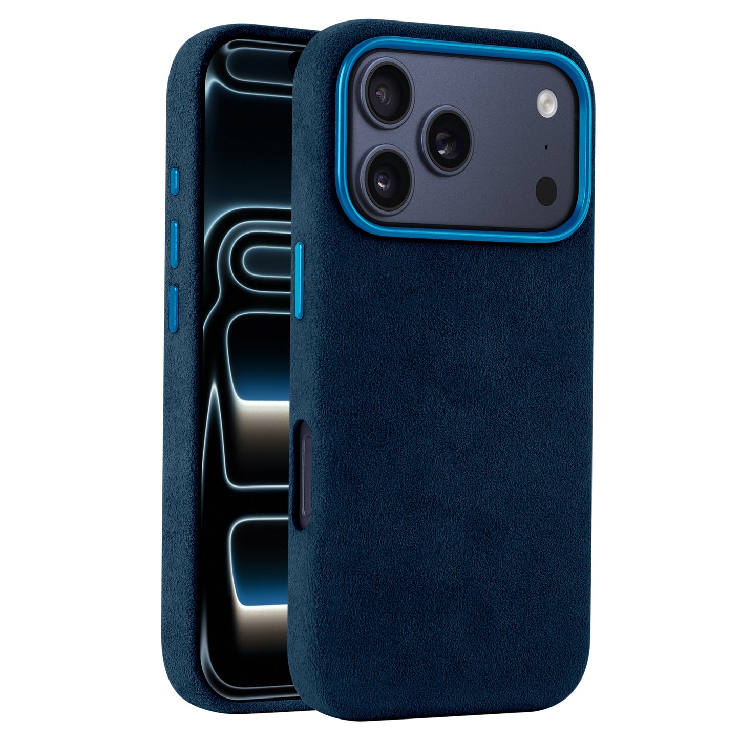 Die arktis iPhone 17 Pro Hülle aus Alcantara, eine blau strukturierte Hülle aus Italien, wird auf einem Smartphone von hinten und von der Seite gezeigt.