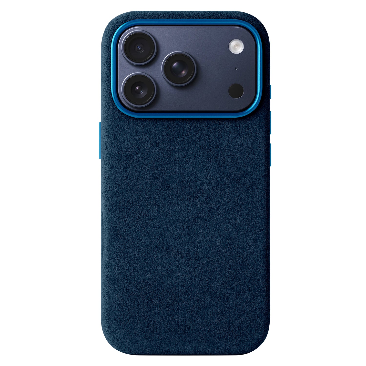 Ein arktis iPhone 17 Pro Hülle aus Alcantara von arktis in blauem Wildleder, mit Alcantara-Hülle und drei rückwärtigen Kameras, von hinten gesehen.