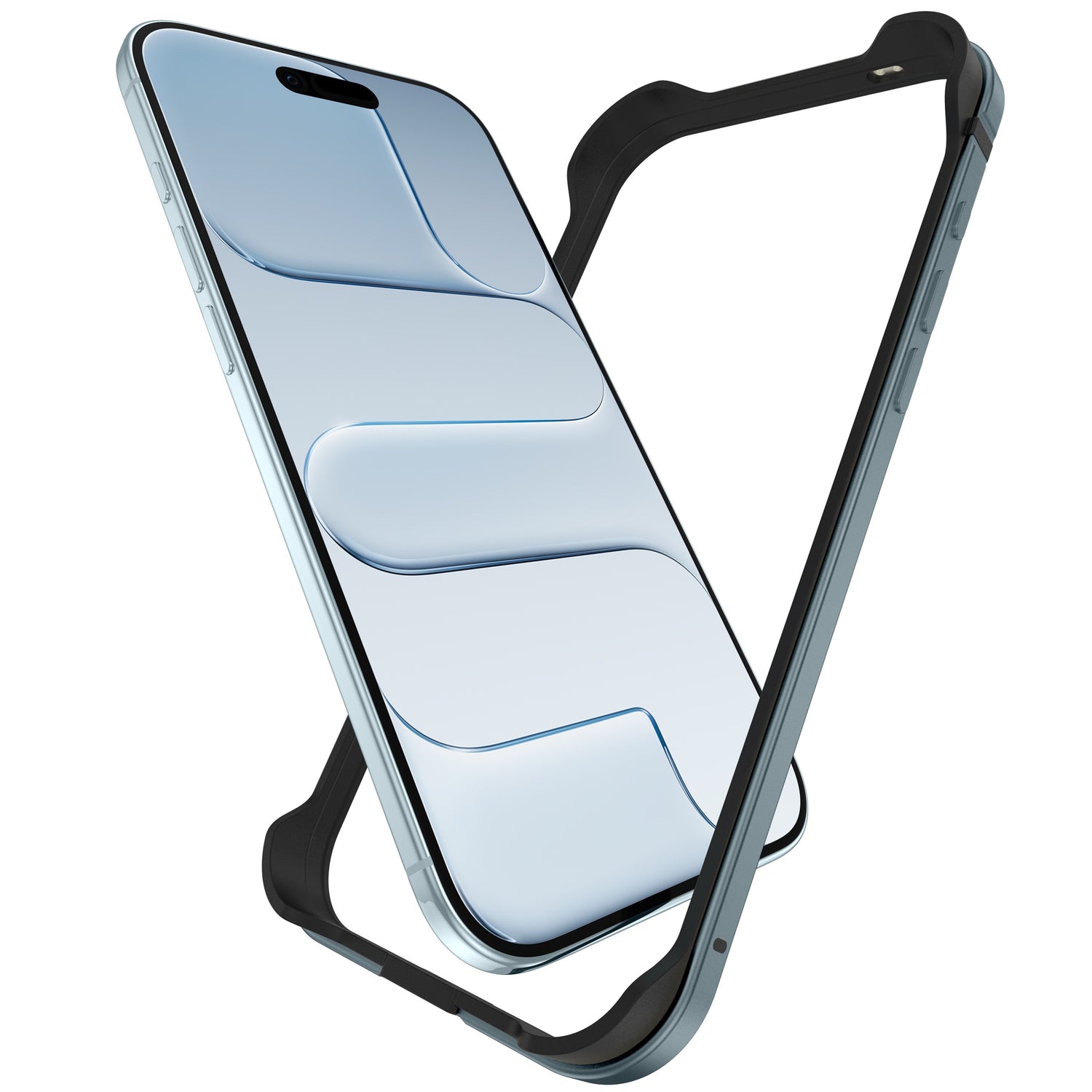 Ein blaues Smartphone mit einem gemusterten Bildschirm ist teilweise in einem schwarzen iPhone Air Bumper von arktis abgebildet, der eleganten Stil und starken Schutz bietet.