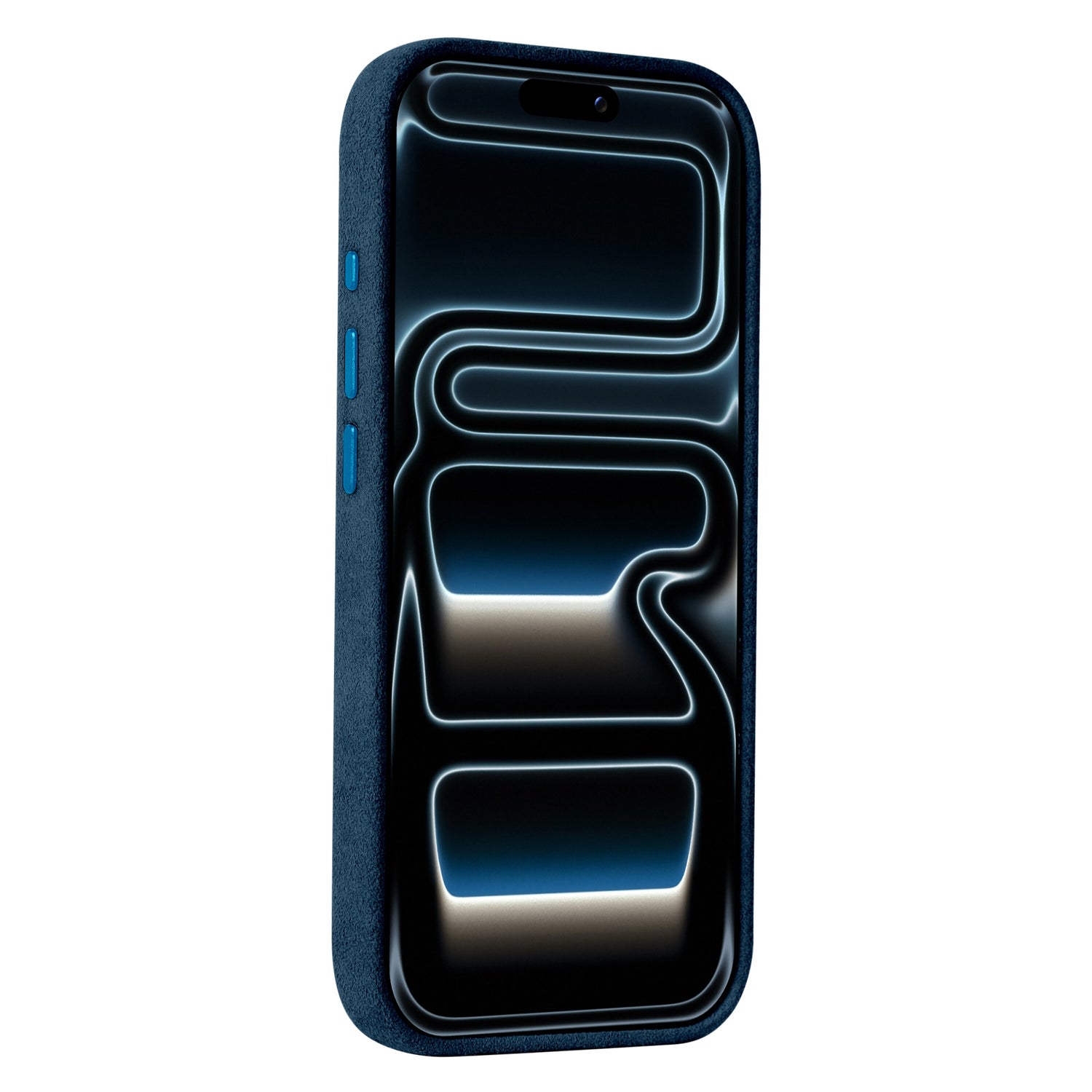 Die arktis iPhone 17 Pro Hülle aus Alcantara, hier in Blau und Made in Italy, schützt ein iPhone mit einem leuchtenden abstrakten Muster auf dem Bildschirm, das schräg dargestellt wird.