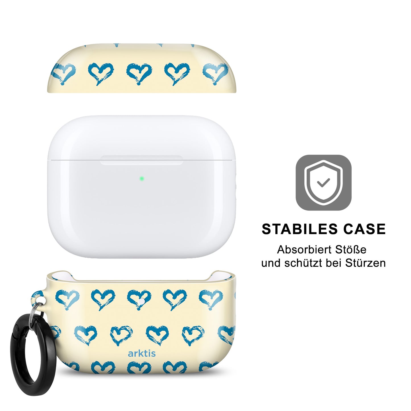 Die arktis AirPods Pro 3 Hülle – Blue Hearts von arktis schützt mit einem deutschen Infotext, einem blauen Herzmuster und einem schwarzen Karabinerhaken; unterstützt kabelloses Laden für bequemes Aufladen.