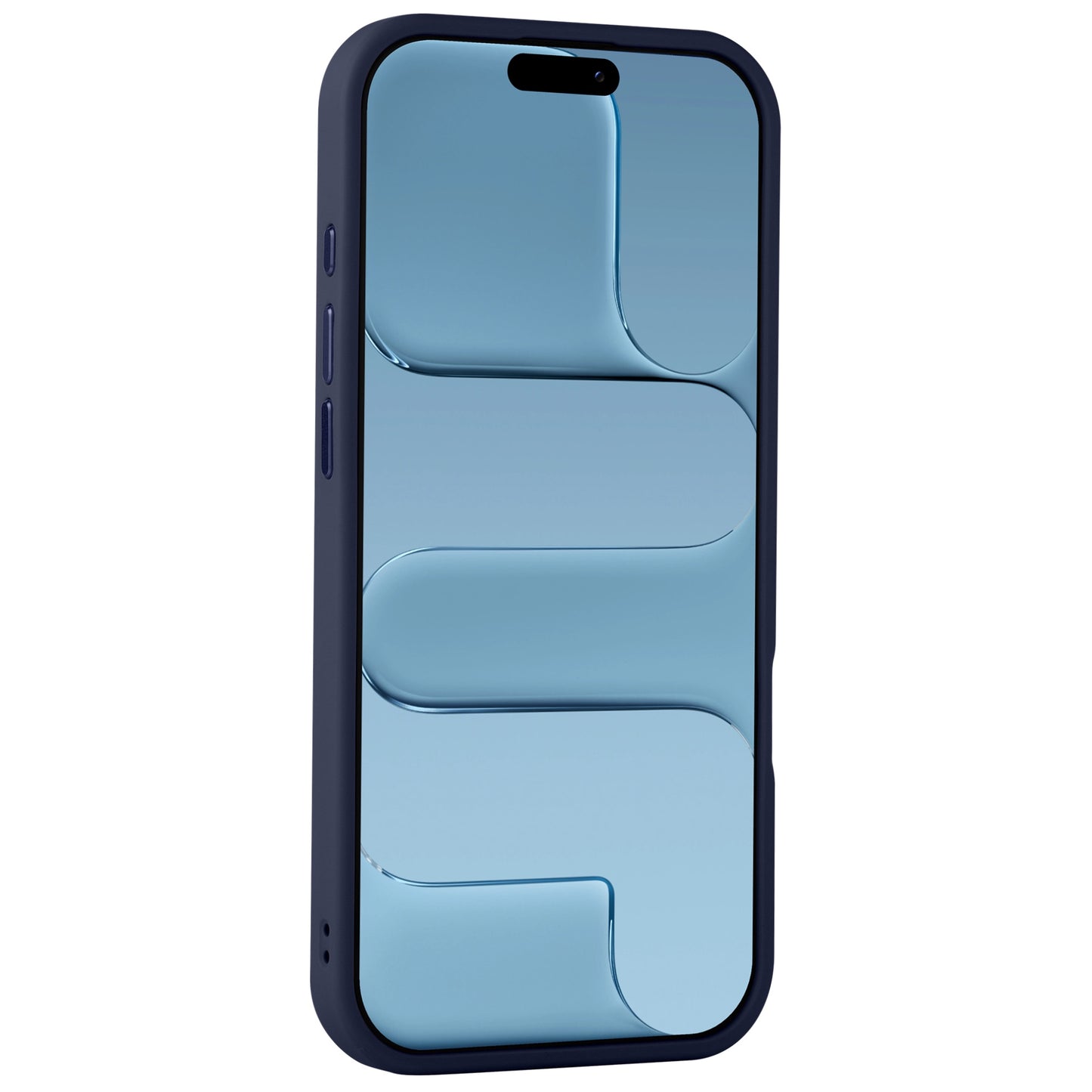 Ein blaues Smartphone mit abgerundeten Kanten, das von der Seite mit einem abstrakten blauen Muster auf dem Bildschirm gezeigt wird, wird durch das Arktis arktis iPhone Air Solid Case aus mattem Polycarbonat und stoßabsorbierendem TPU-Silikon geschützt.