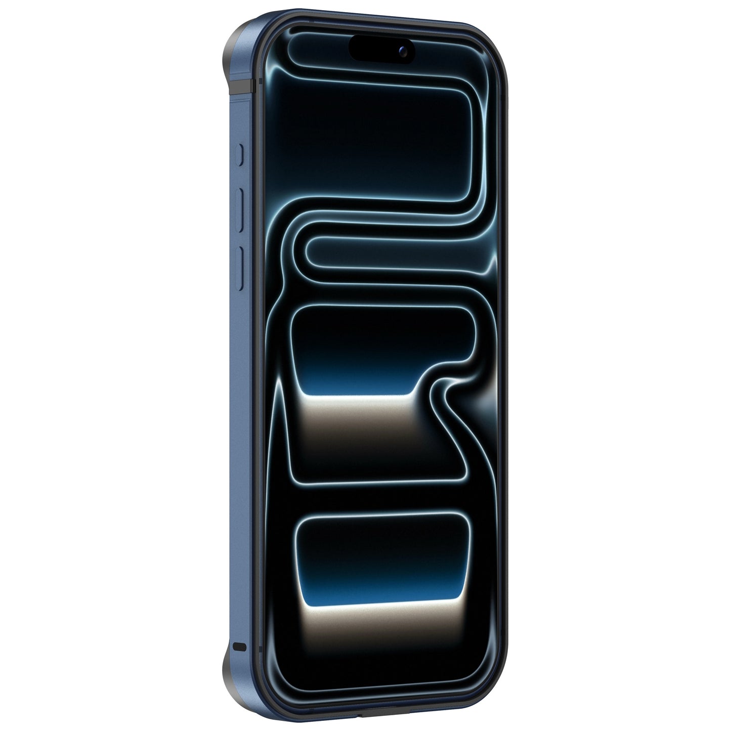 Der arktis iPhone 17 Pro Bumper von arktis ist eine blaue Smartphonehülle mit einem leuchtenden abstrakten Bildschirmmuster, das von einer schrägen Seite gezeigt wird, und verfügt über eine ultraleichte Aluminium TPU-Silikon Schutzhülle für optimalen Schutz.