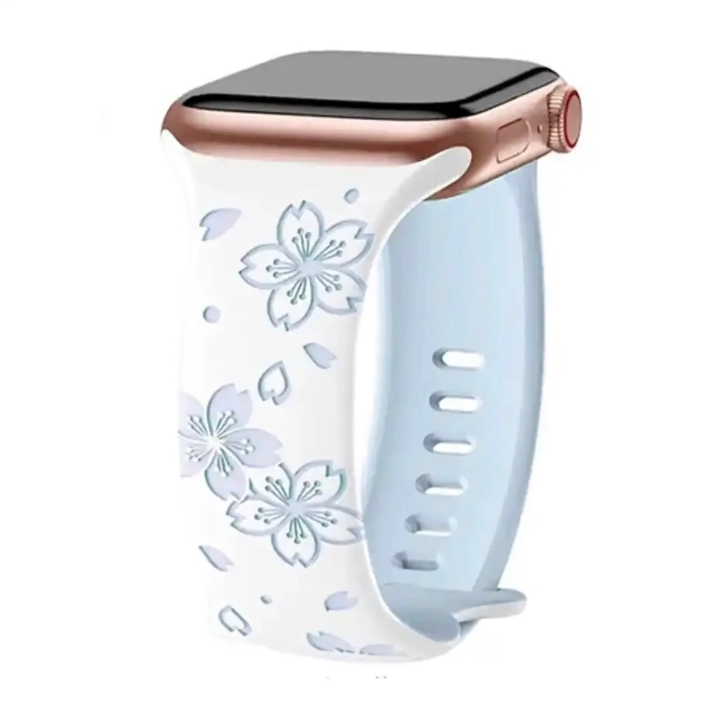 Das arktisband Apple Watch Armband „Flores“ verfügt über einen eleganten Rahmen in Roségold und ein hellblau-weißes Silikonband mit Kirschblütenmotiven.