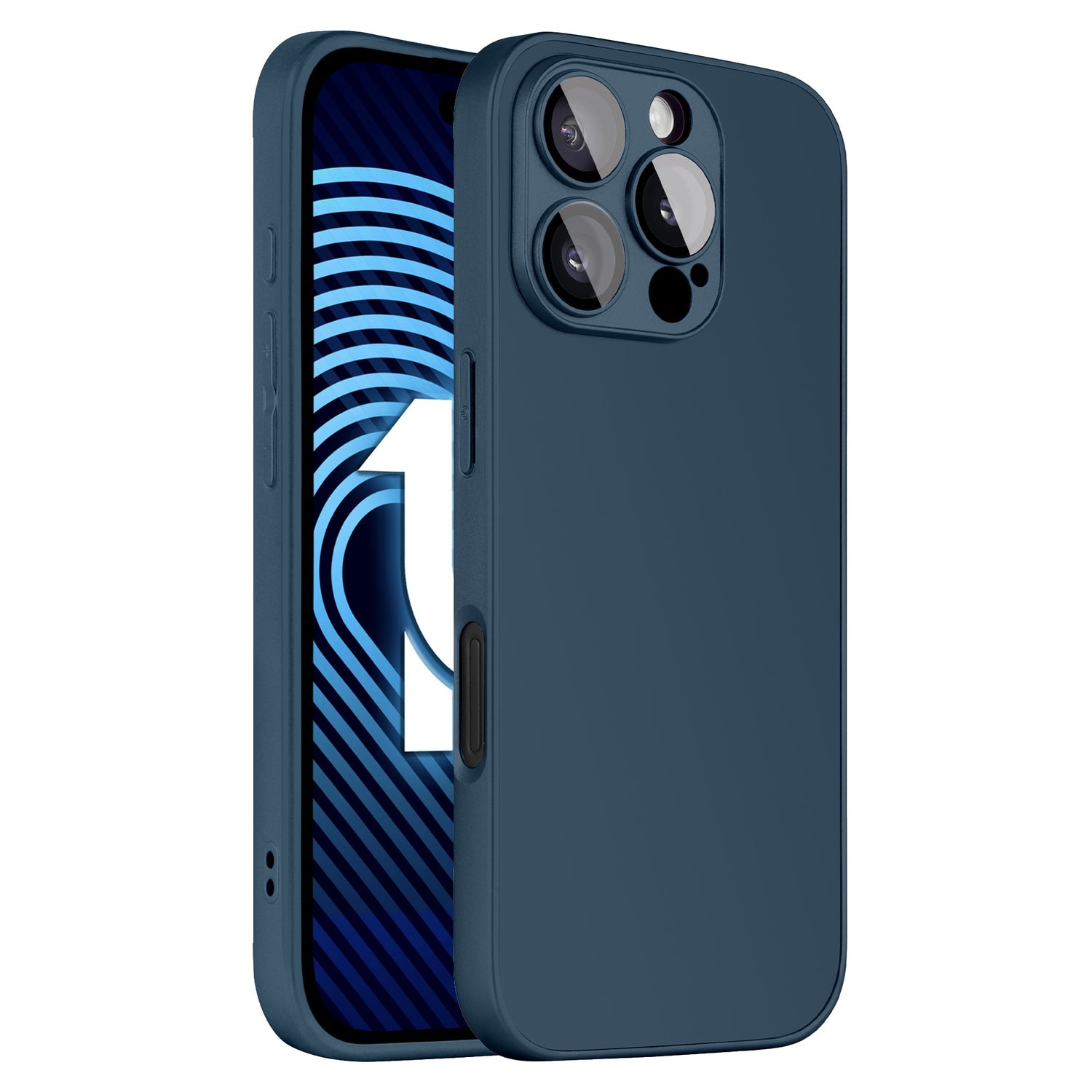 Das arktis iPhone 16 Pro Max Tech Case, in Blau auf einem Gerät mit einem blau-weißen kreisförmigen Muster und der Nummer 1 auf dem Bildschirm dargestellt, verfügt über eine Kameraaussparung für drei Objektive und einen Blitz.