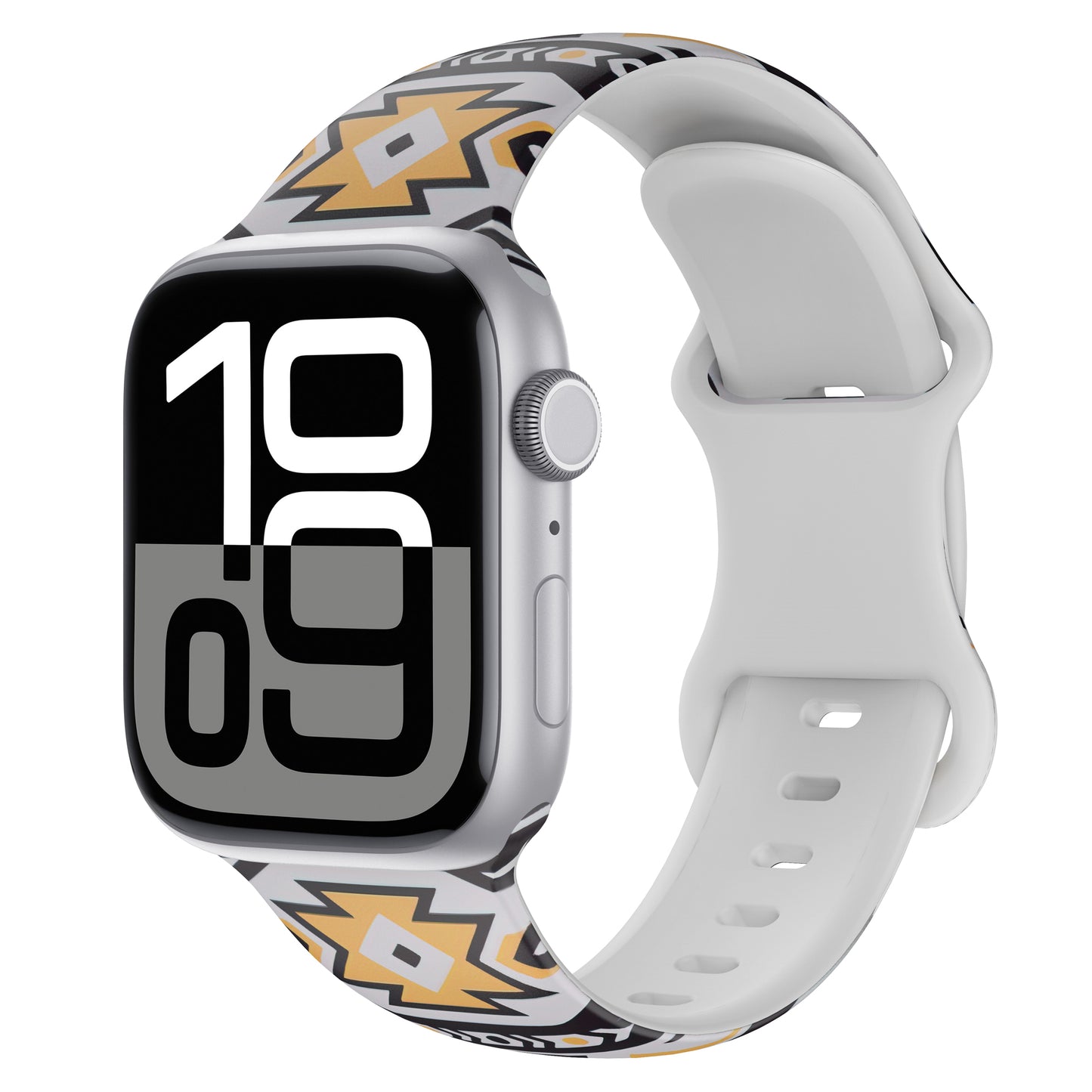 Das arktisband EDITION für Apple Watch von arktisband ist ein weißes Silikonarmband mit geometrischen Mustern, ideal für sportliche Aktivitäten, hier mit der Anzeige 10:09.