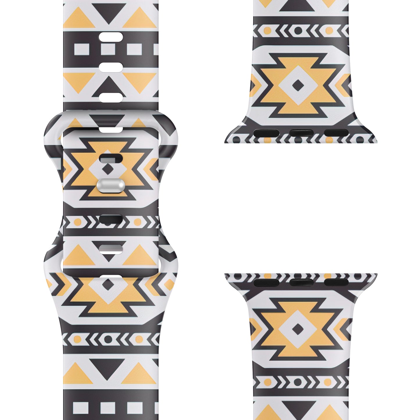 Die arktisband EDITION für Apple Watch von arktisband verfügt über ein gelbes, schwarzes und weißes geometrisches Silikonarmband, das aus verschiedenen Blickwinkeln auf Weiß dargestellt wird - ideal für sportliche Aktivitäten.