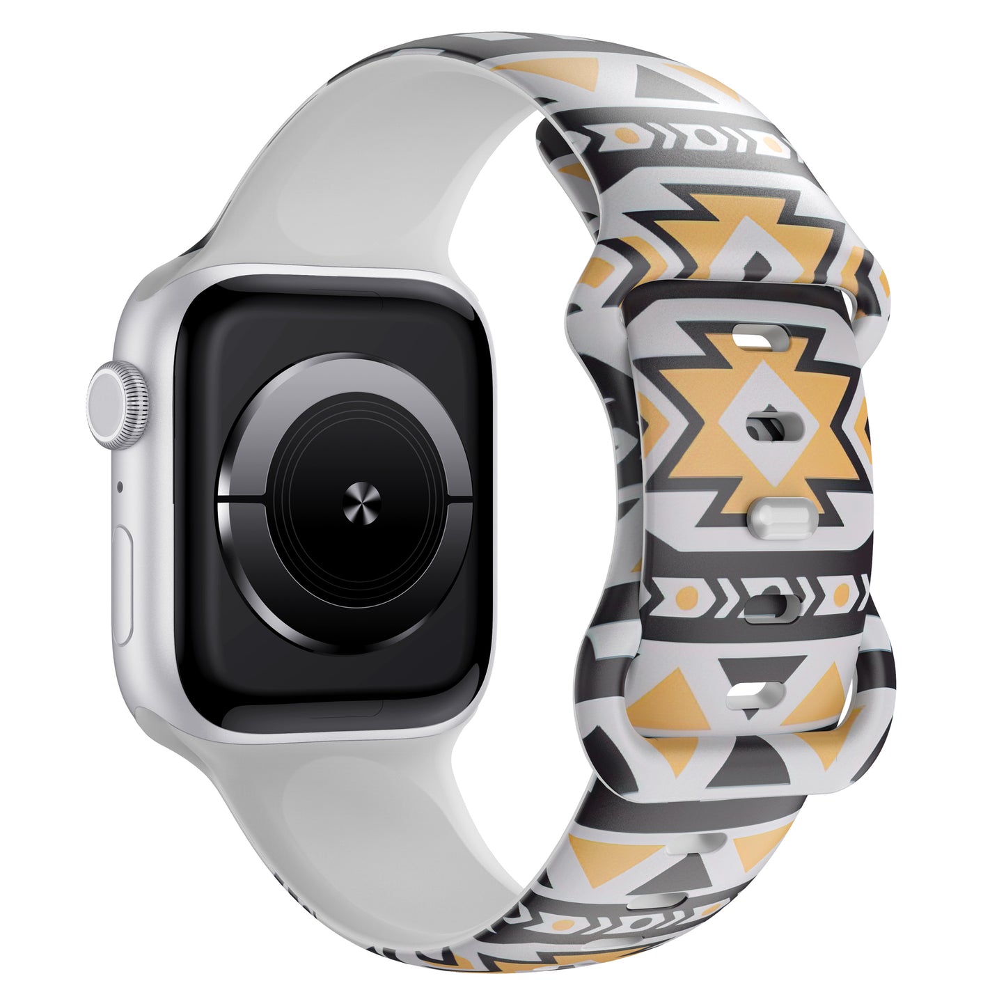 Das arktisband EDITION für Apple Watch von arktisband hat ein weißes Silikonarmband mit einem gelben, schwarzen und grauen geometrischen Tribal-Muster - ideal für sportliche Aktivitäten und den Alltag.
