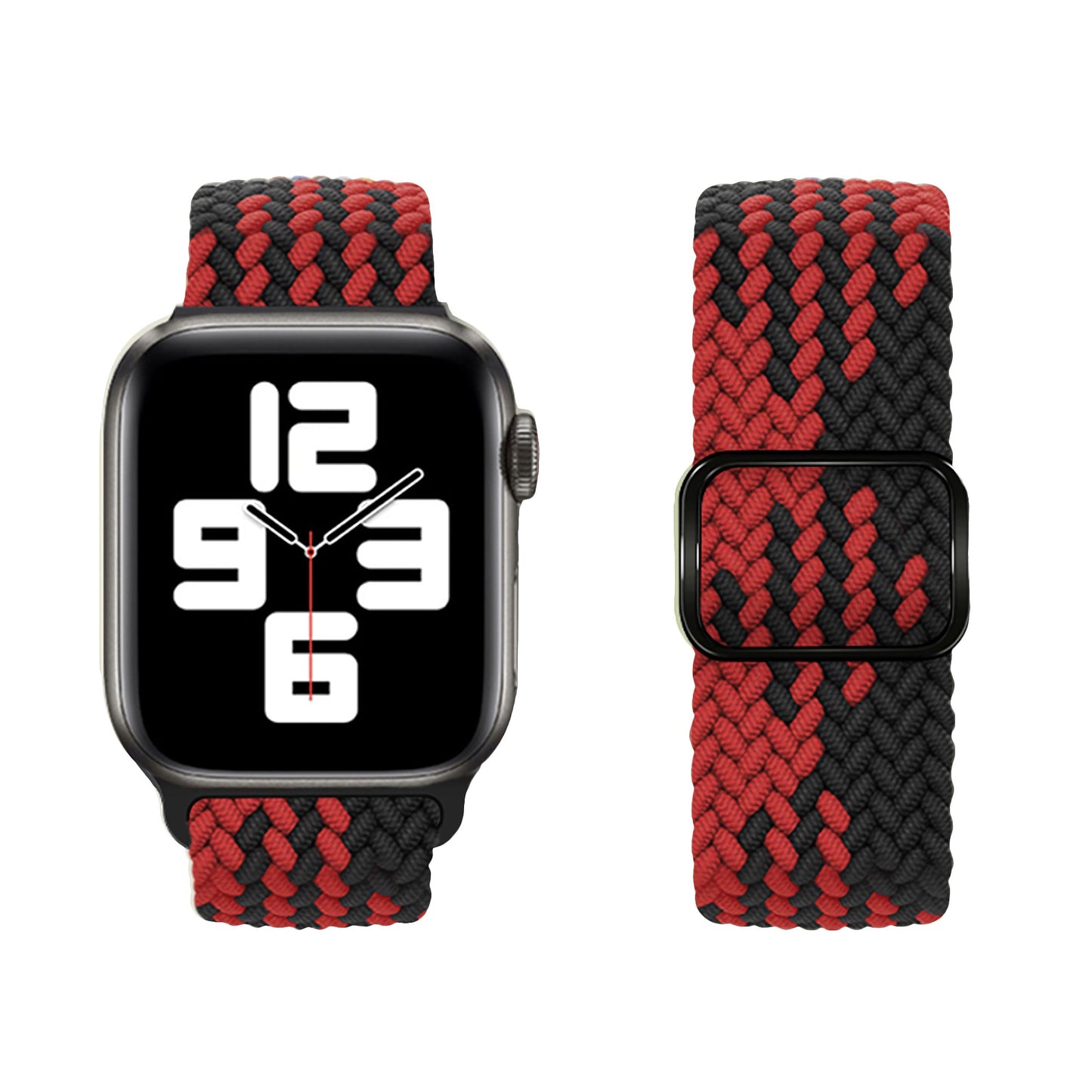 Das geflochtene Flex Loop TwoTone Armband von arktisband für die Apple Watch wird in Rot und Schwarz mit Edelstahlverschluss gezeigt, auf einer Smartwatch mit großer digitaler Uhrzeit und separat angezeigt, um sein gewebtes Nylondesign zu präsentieren.